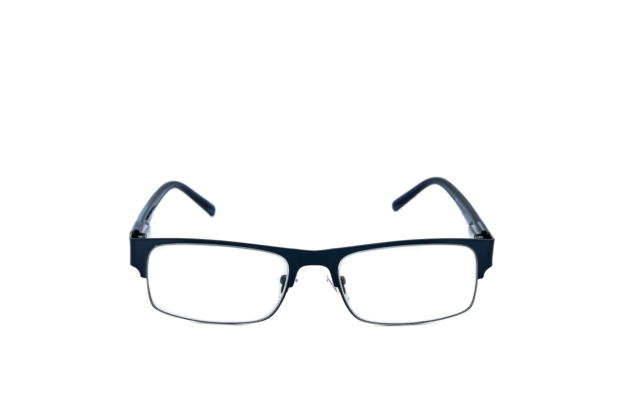 Alaric by Bolero Eyewear blue metal reading glasses with rectangular frame and adjustable nose pads front angle view