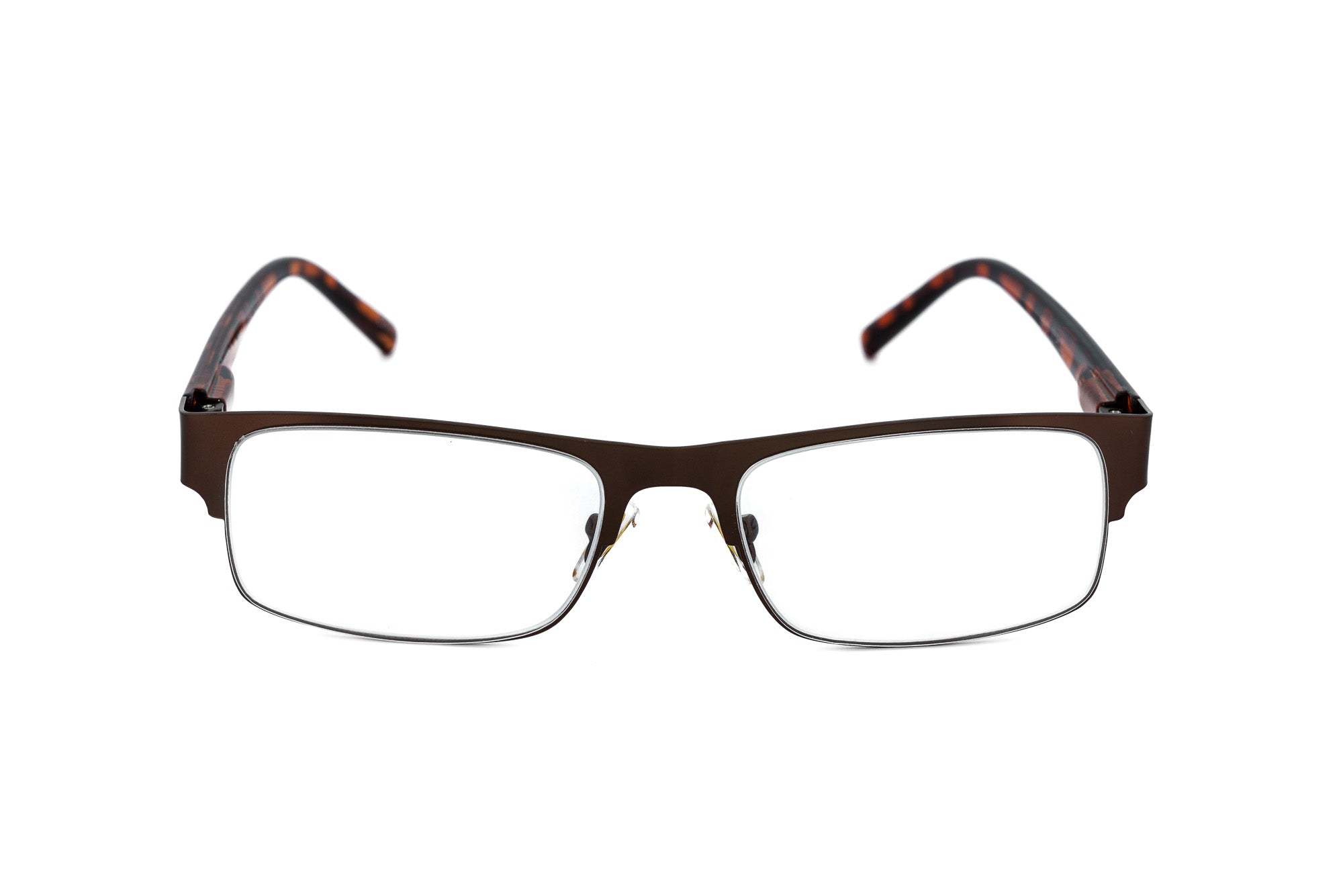 Alaric by Bolero Eyewear bronze metal reading glasses with tortoiseshell temples
front angle view