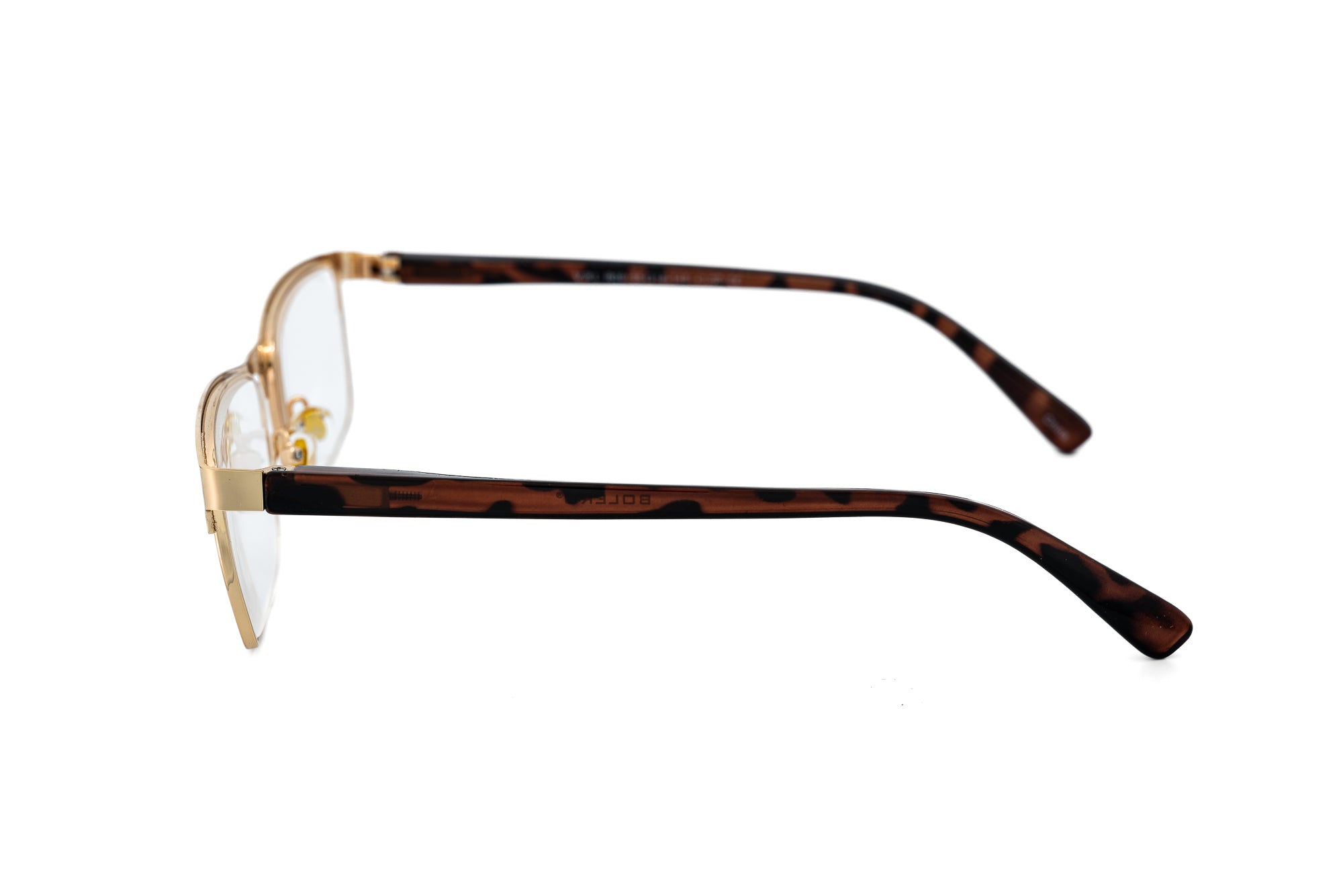 Alaric by Bolero Eyewear gold metal reading glasses with clear lenses and tortoise temples side angle view