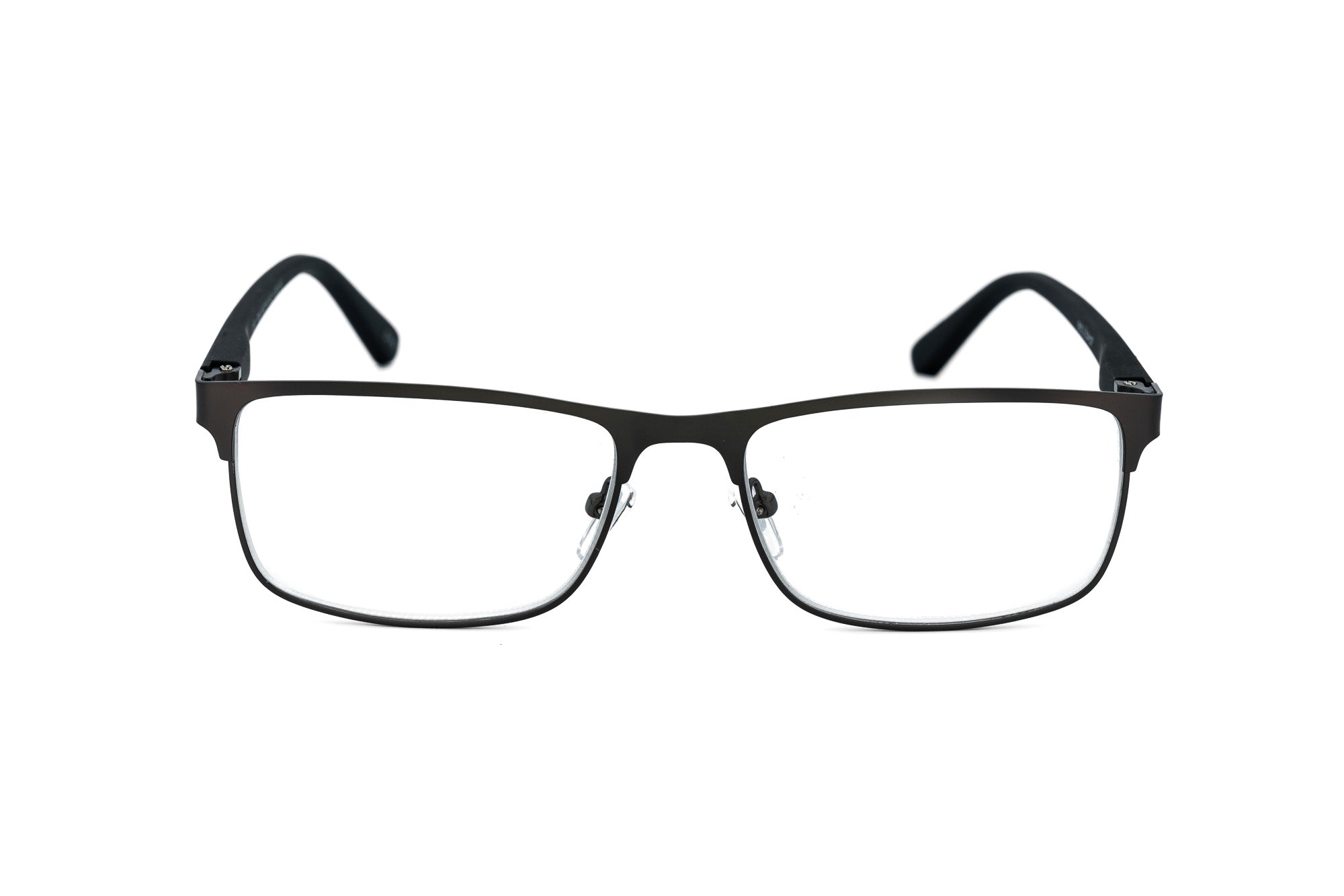 Alaric by Bolero Eyewear gunmetal gray metal reading glasses with rectangular shape and clear lenses
front angle view