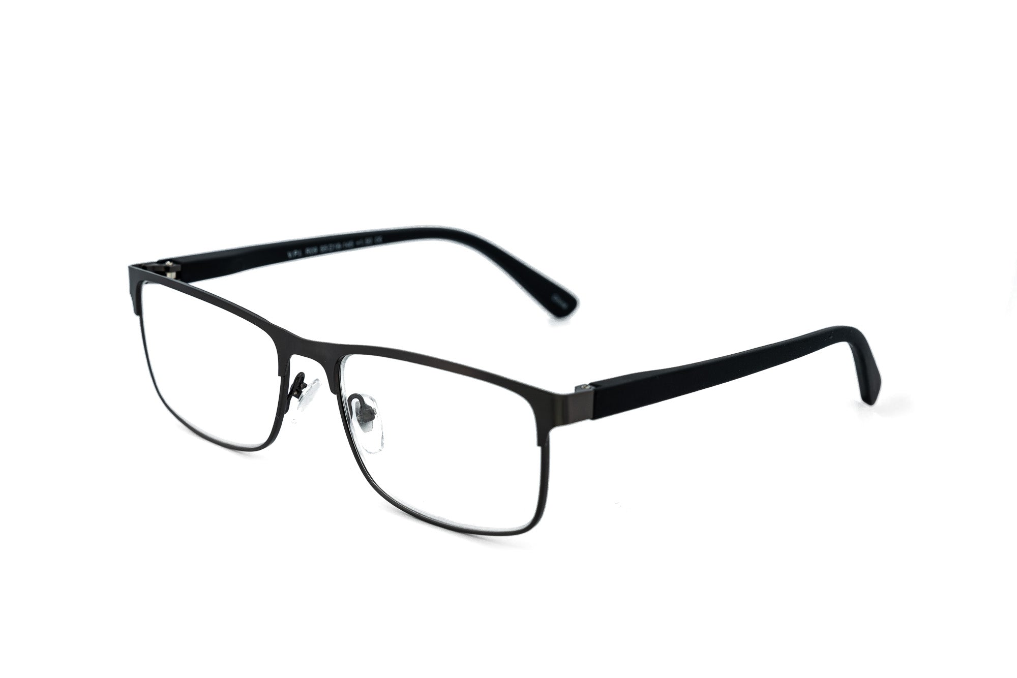 Alaric by Bolero Eyewear gunmetal gray metal reading glasses with rectangular shape and clear lenses