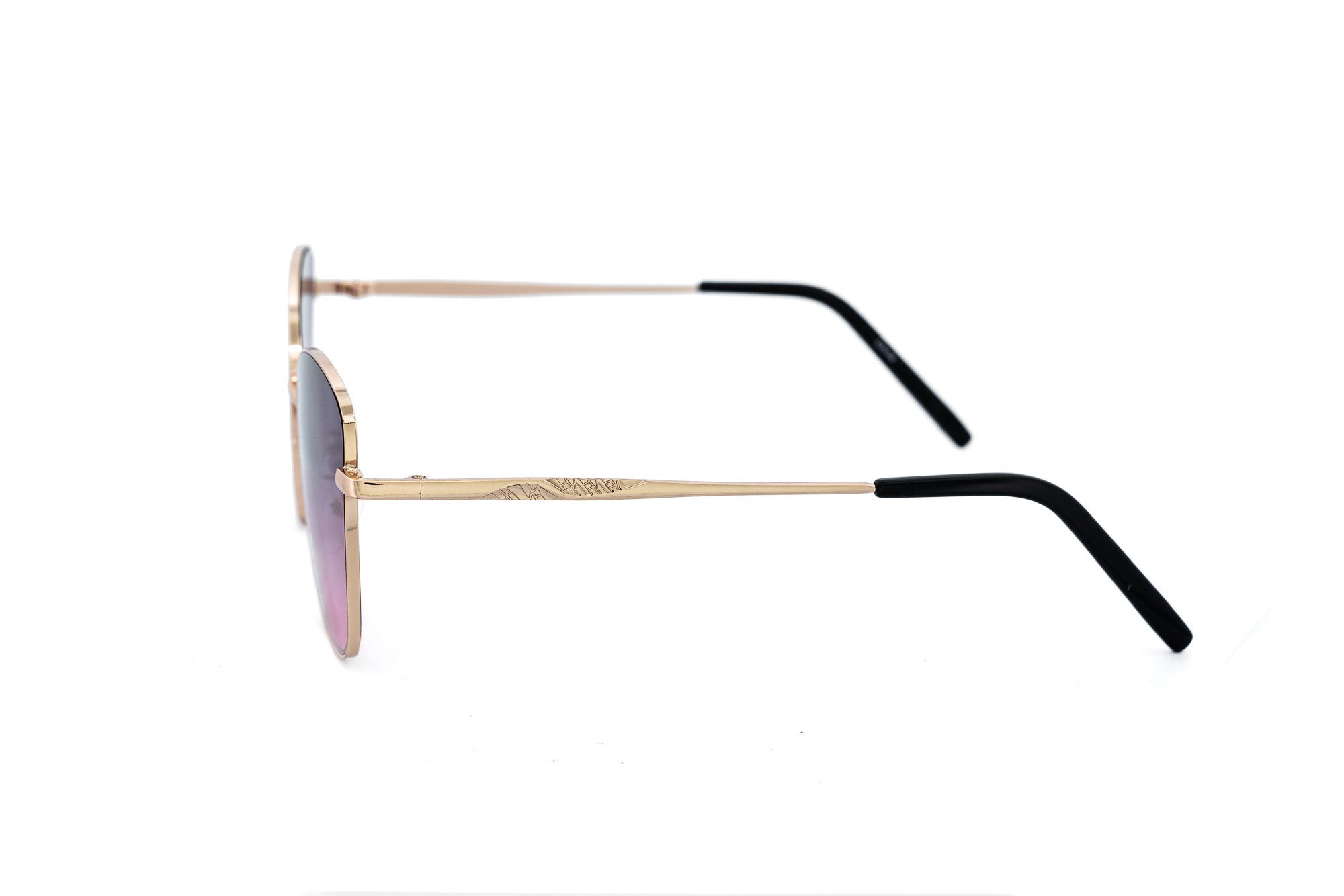 Alessa lightweight metal sunglasses with purple gradient lenses and etched temples side angle view