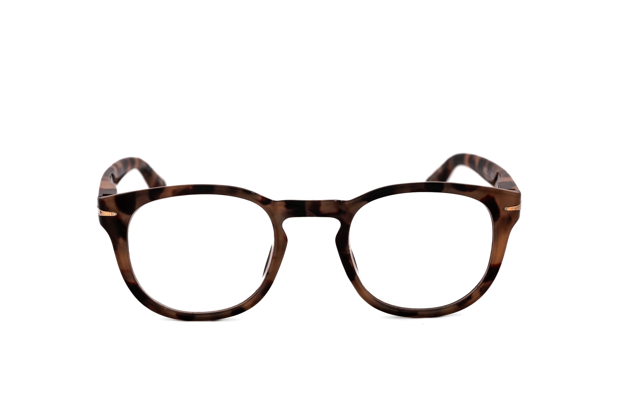 Ambra by Bolero Eyewear light tortoise reading glasses with soft round polycarbonate frame front angle view