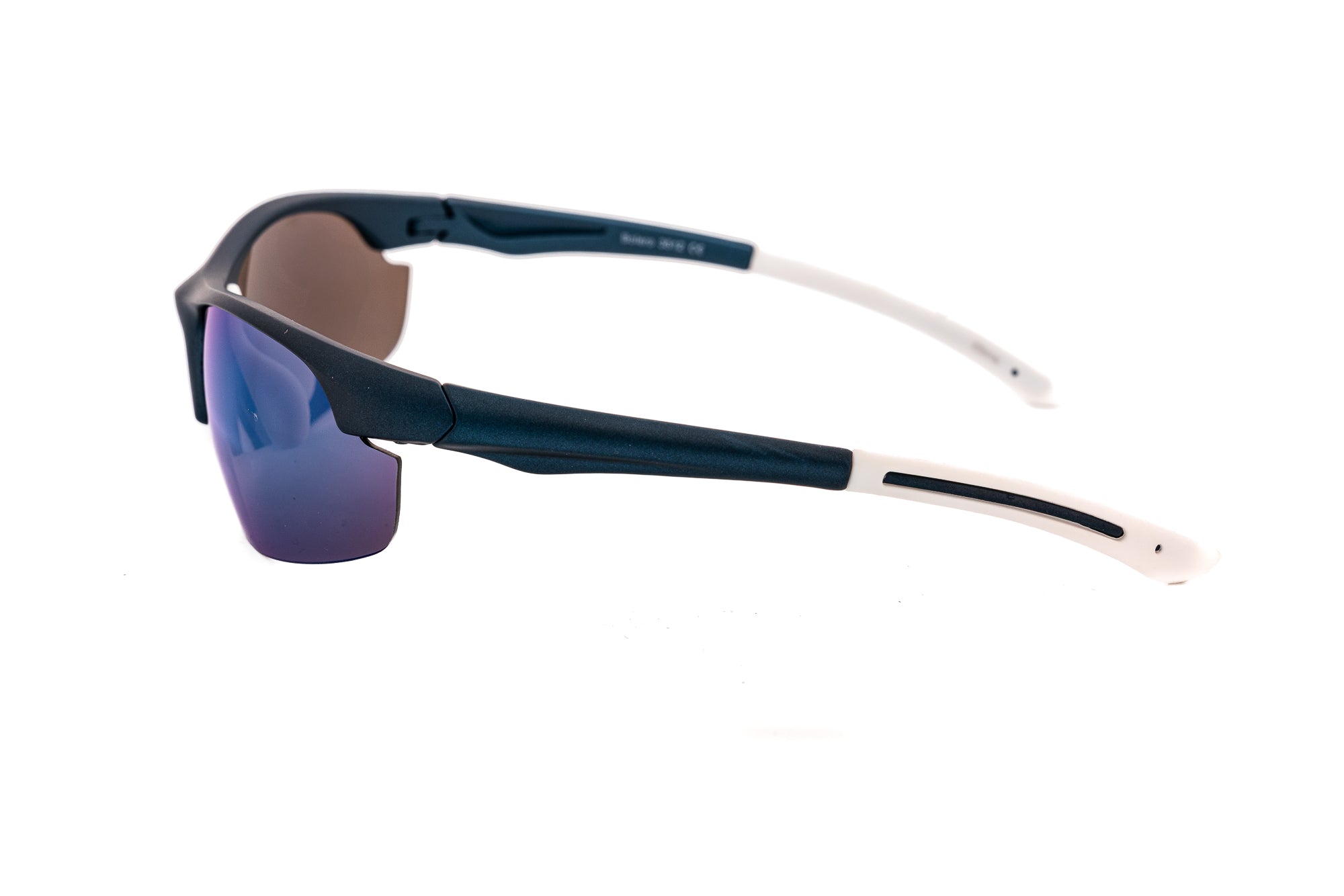 Apex by Bolero Eyewear navy sport sunglasses with blue mirror wraparound lenses side angle view