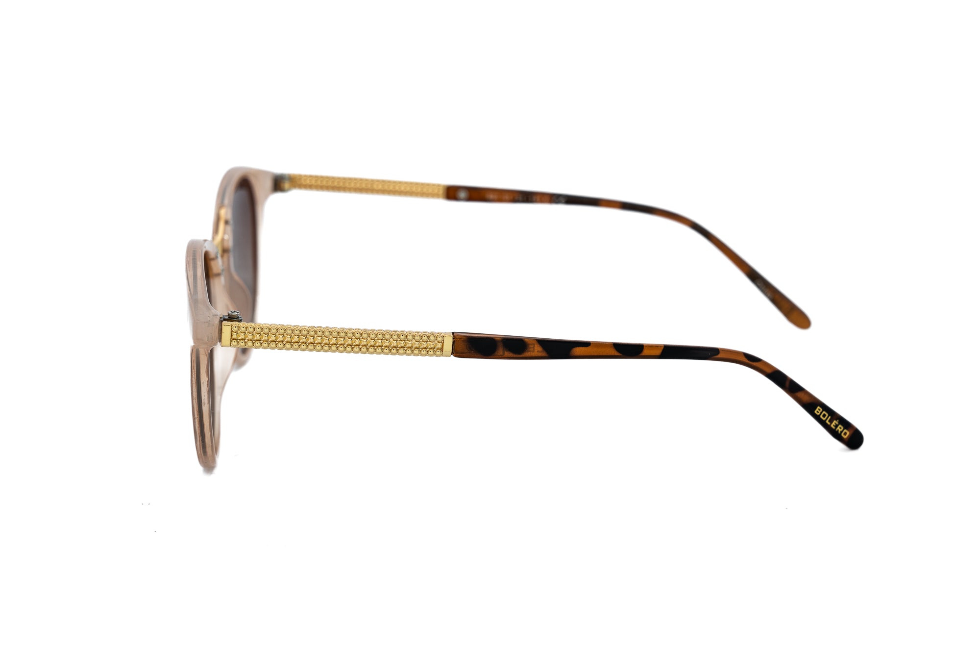 Arabelle by Bolero Eyewear pink frame sunglasses with brown UV-protective lenses and gold metal temples side angle view