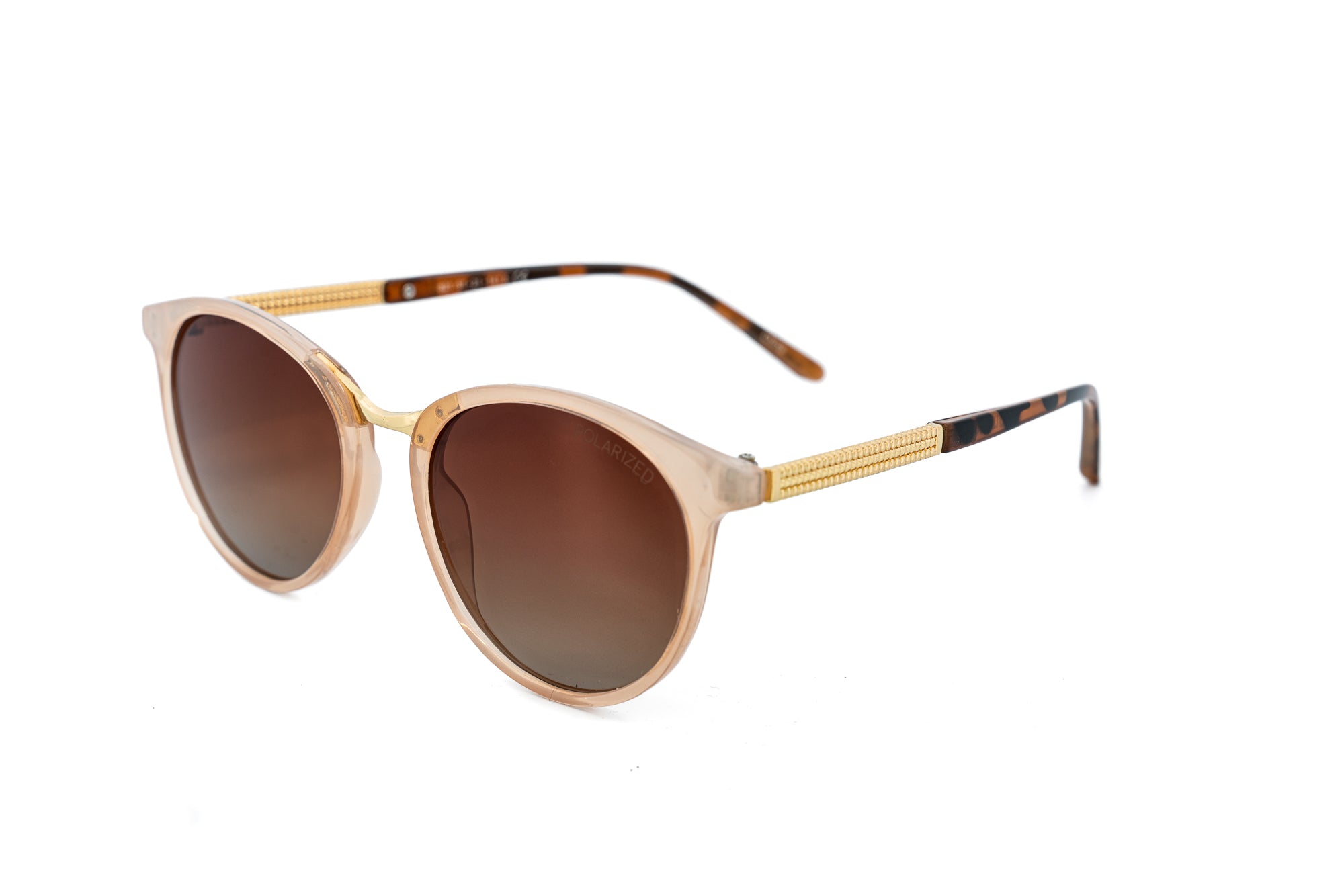 Arabelle by Bolero Eyewear pink frame sunglasses with brown UV-protective lenses and gold metal temples