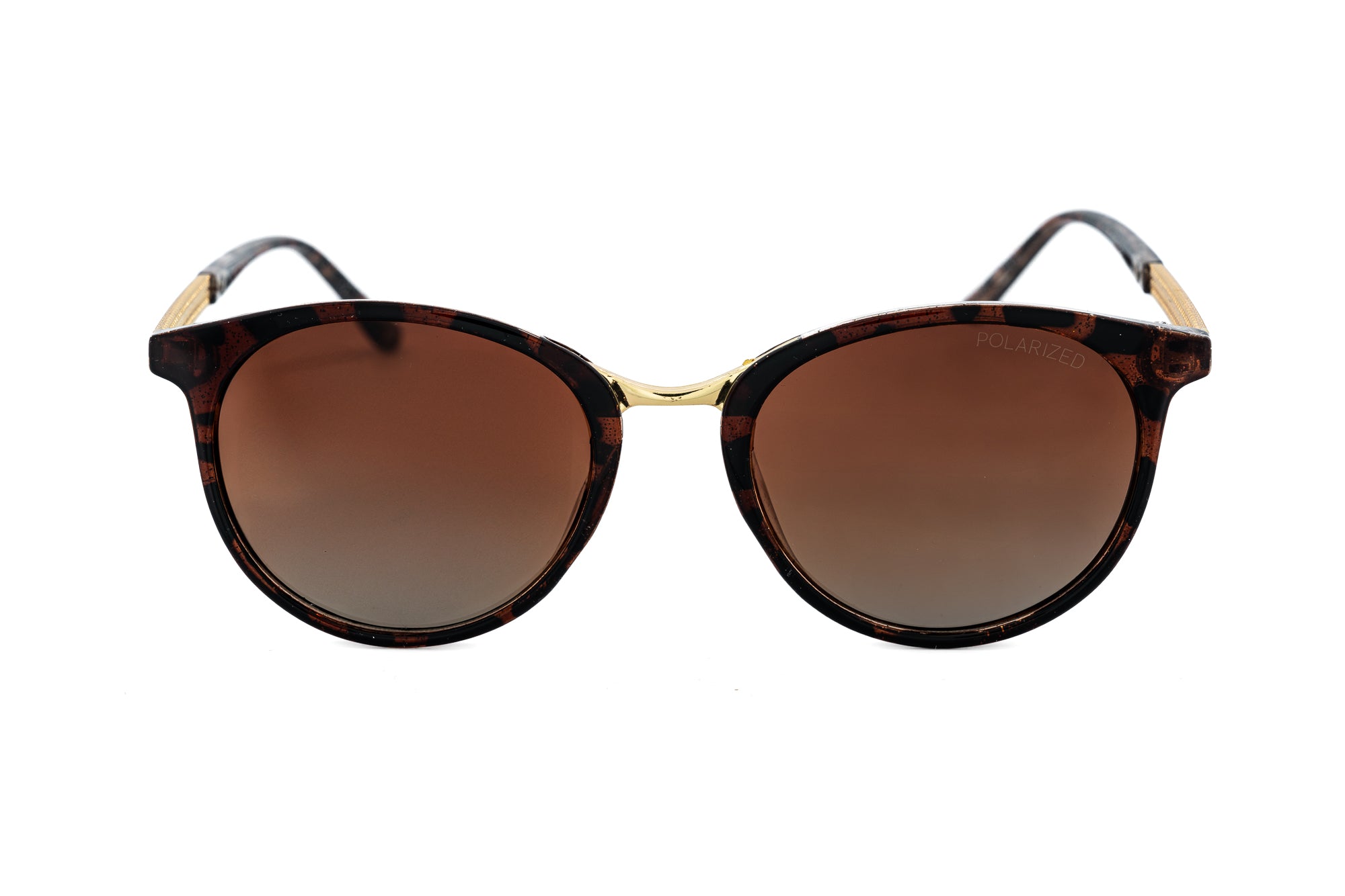 Arabelle by Bolero Eyewear tortoise round sunglasses with brown lenses and lightweight metal-polycarbonate temples front angle view