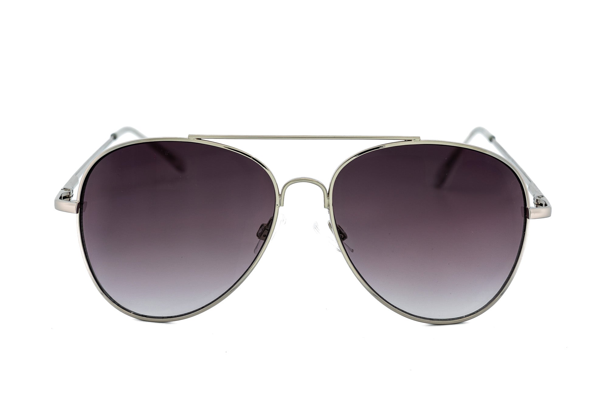 Astra by Bolero Eyewear aviator sunglasses in silver with smoke gradient UV lenses front angle view