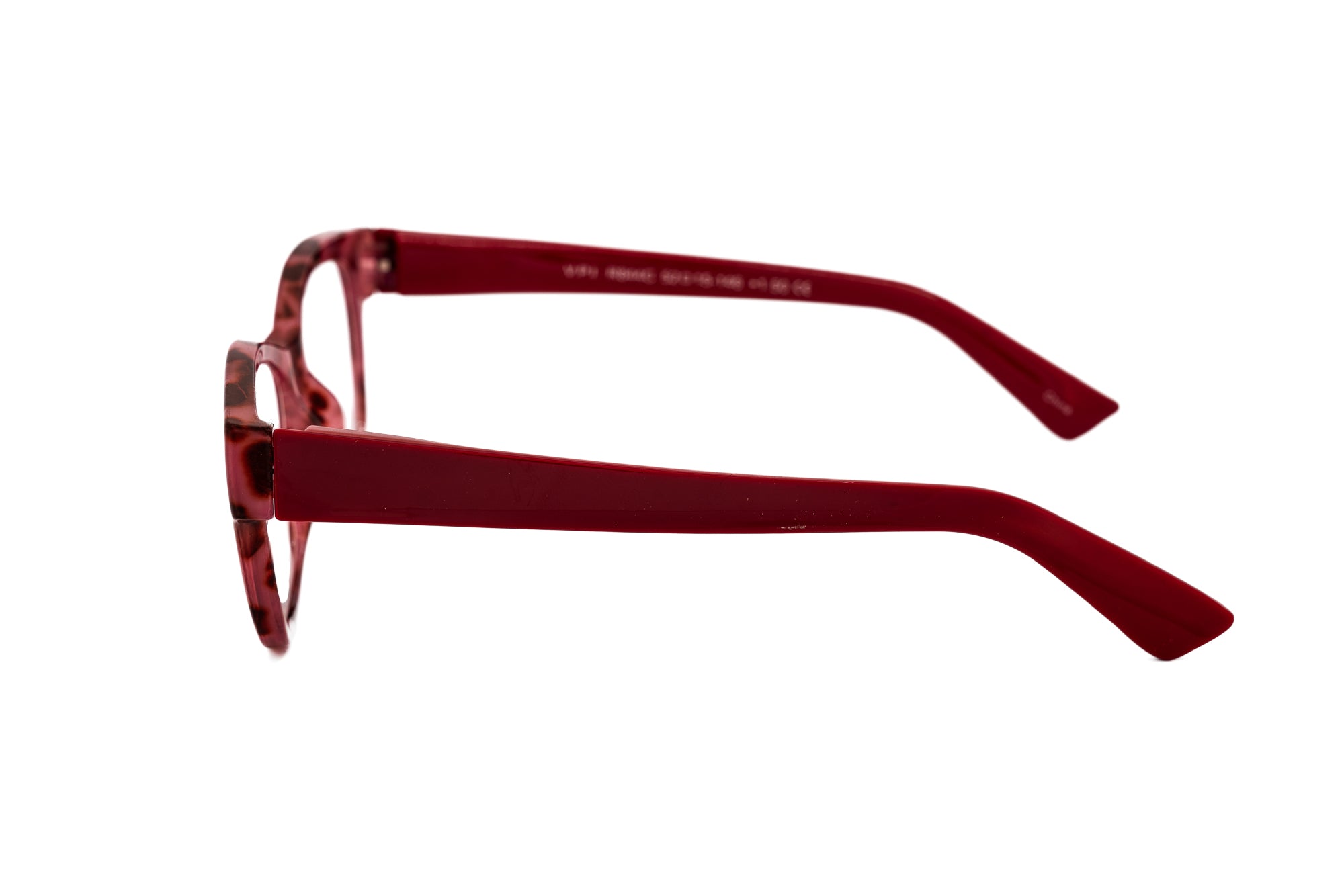 Aveline by Bolero Eyewear red tortoiseshell reading glasses with lightweight polycarbonate frame side angle view