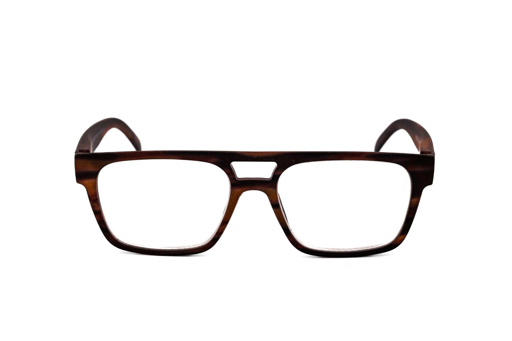 Baron reading glasses by Bolero Eyewear in deep brown tortoiseshell frame with strong masculine shape front angle view