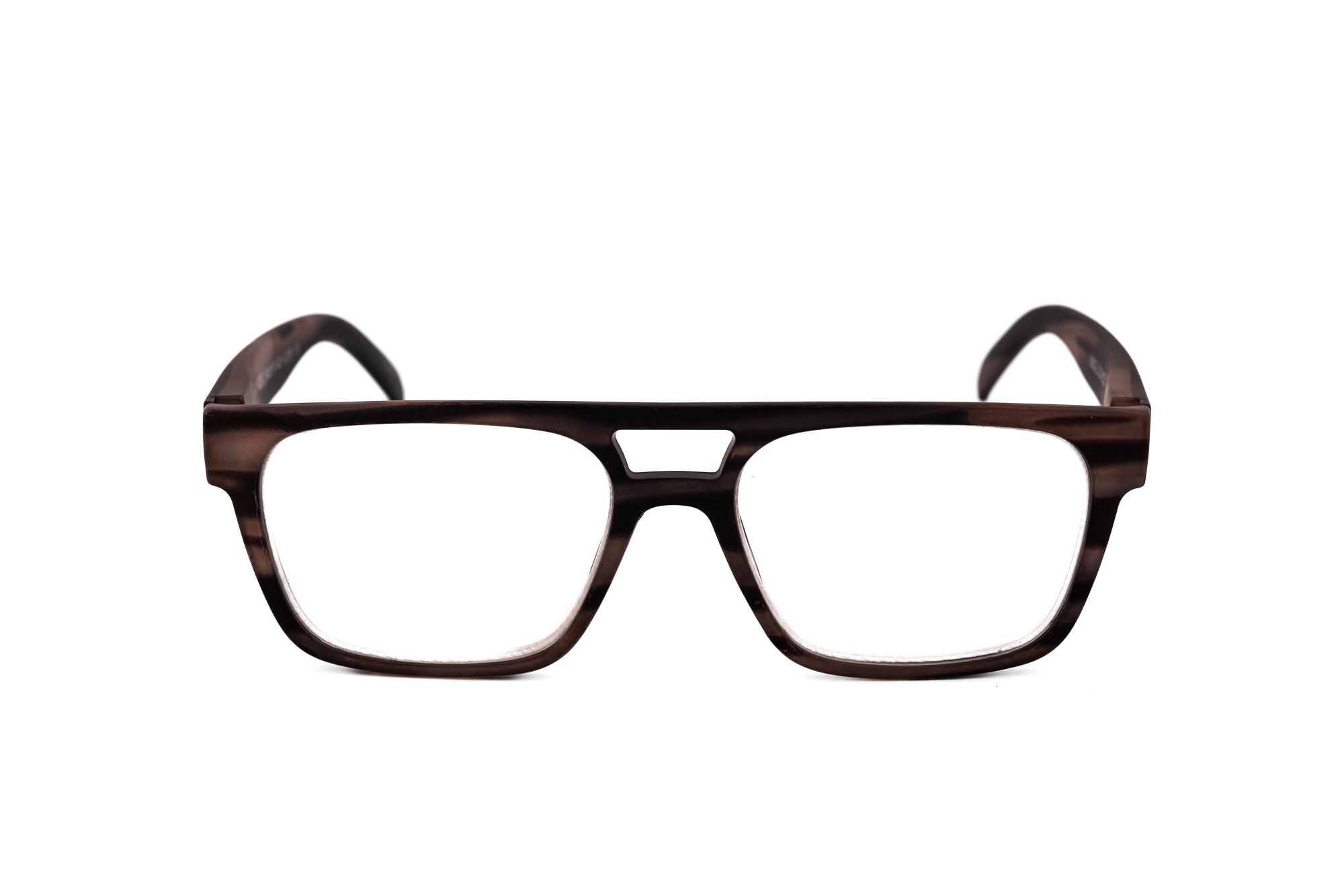 Baron reading glasses by Bolero Eyewear in gray tortoise polycarbonate with masculine rectangular silhouette front angle view