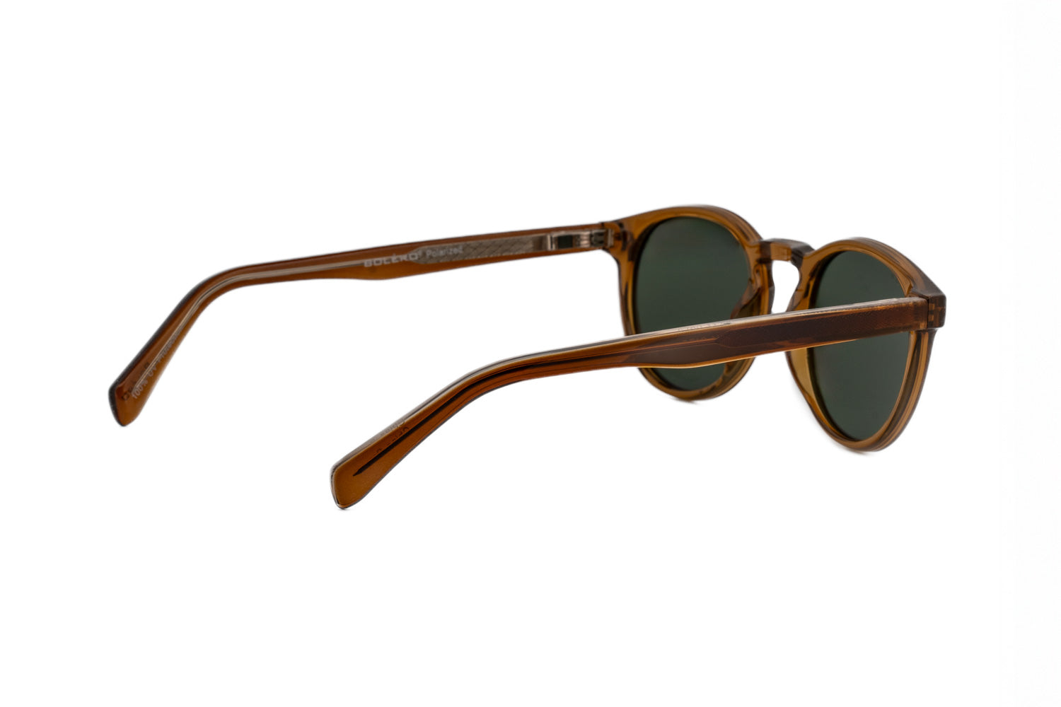 Briar amber brown round sunglasses by Bolero Eyewear with green smoke UV lenses reinforced metal core rear three-quarter angle view