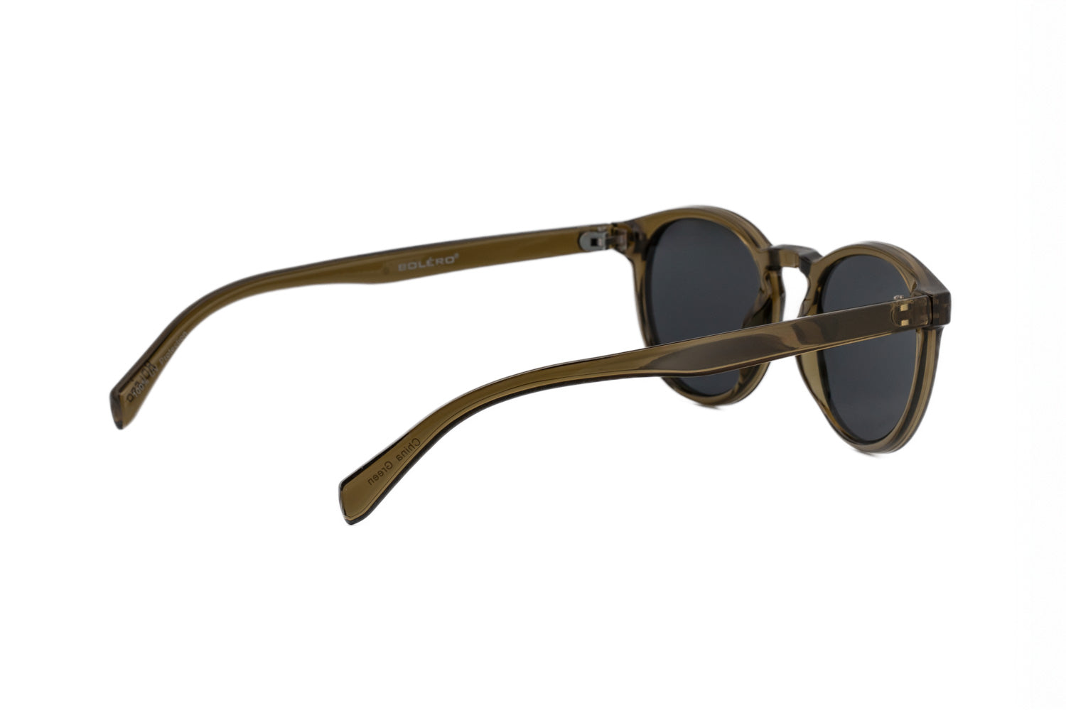 Briar amber green crystal round sunglasses by Bolero Eyewear with black UV lenses lightweight crystal frame rear three-quarter angle view