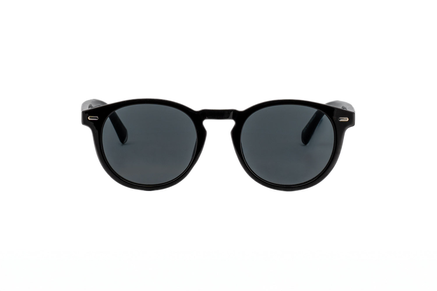 Briar by Bolero Eyewear black crystal round sunglasses with dark UV lenses metal core temples and spring hinges front angle view