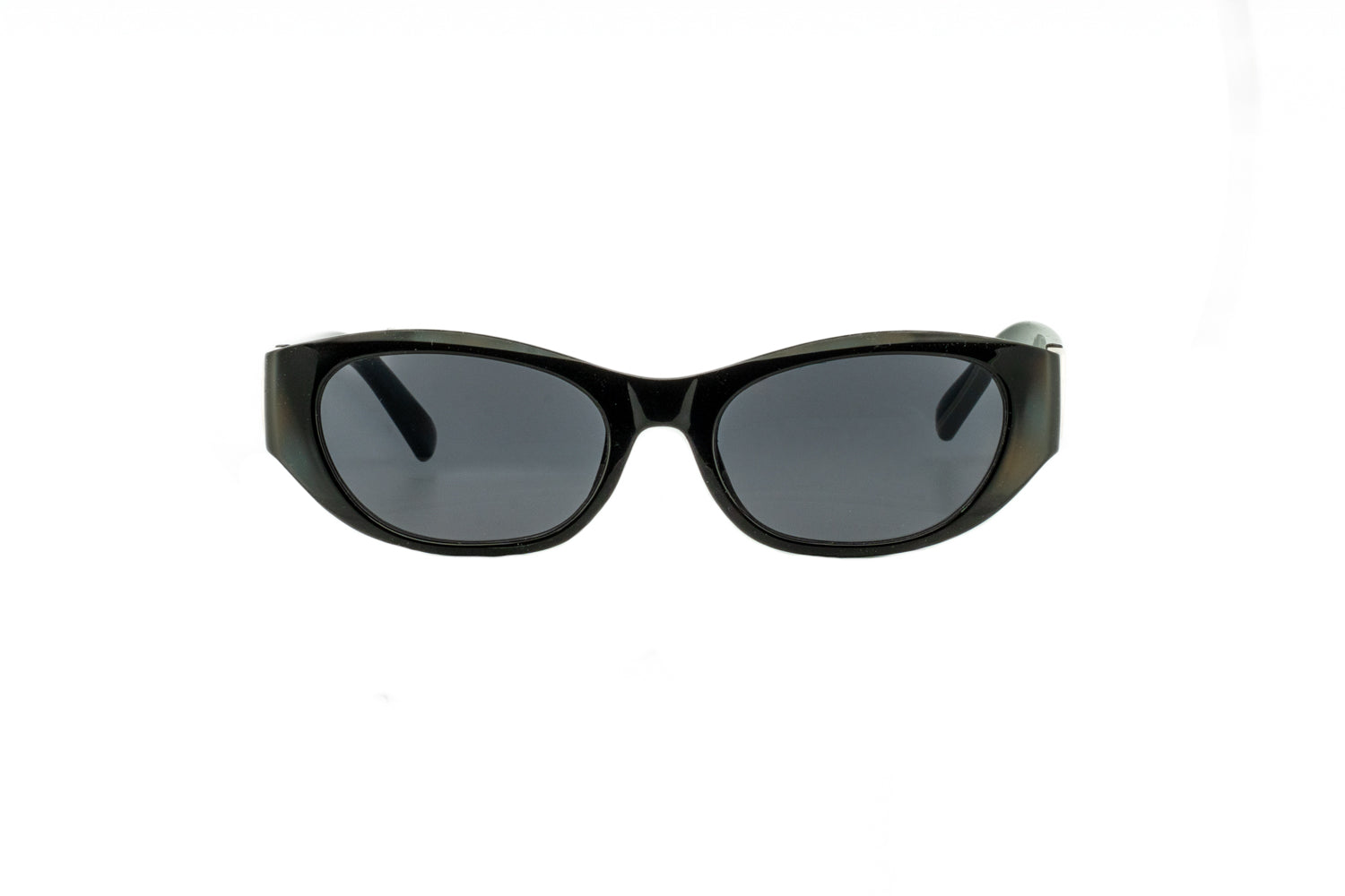Britney by Boléro Eyewear black oval sunglasses with dark lenses front angle view