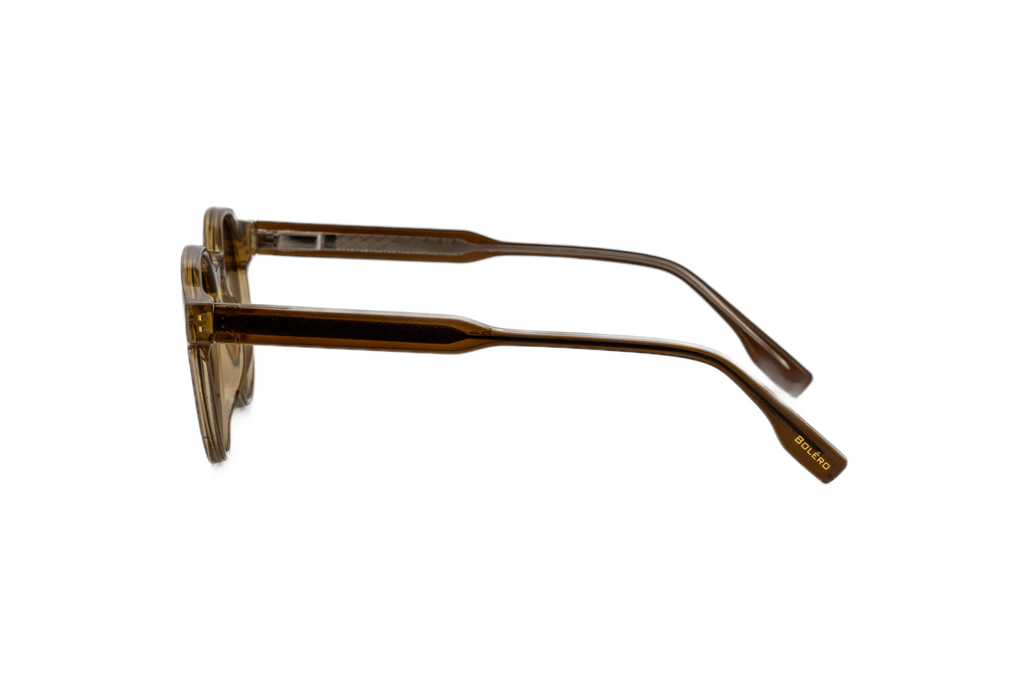 Brody brown crystal round sunglasses by Bolero Eyewear with UV lenses lightweight crystal frame side angle view