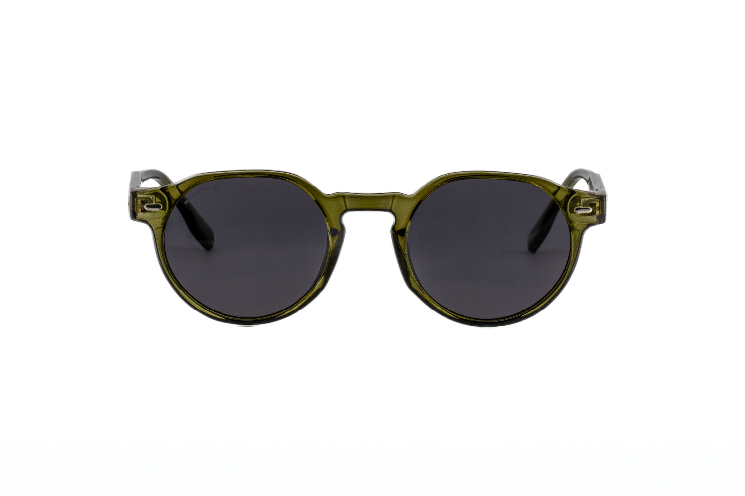 Brody green crystal round sunglasses by Bolero Eyewear with dark UV lenses reinforced metal core front angle view