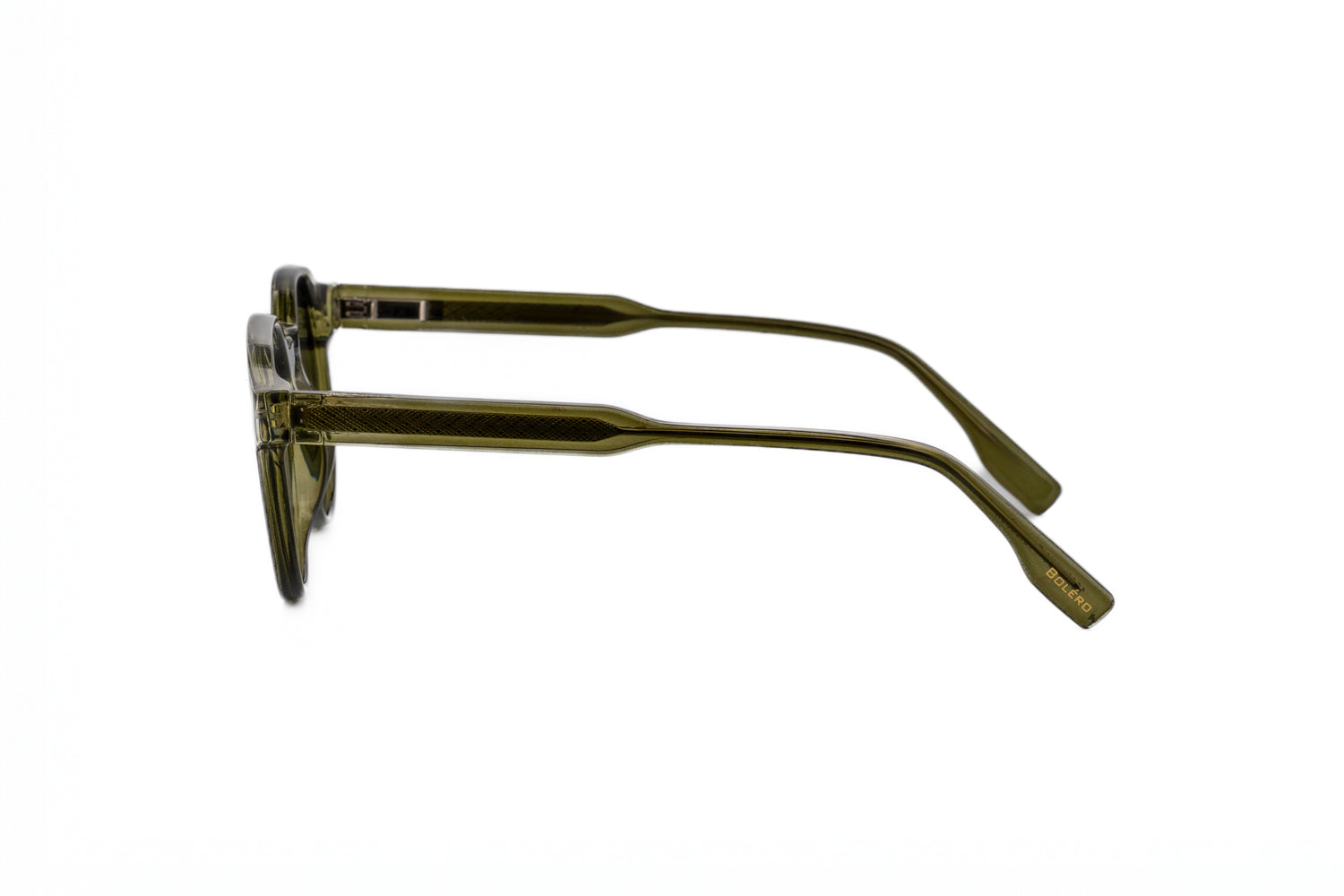 Brody green crystal round sunglasses by Bolero Eyewear with dark UV lenses reinforced metal core side angle view