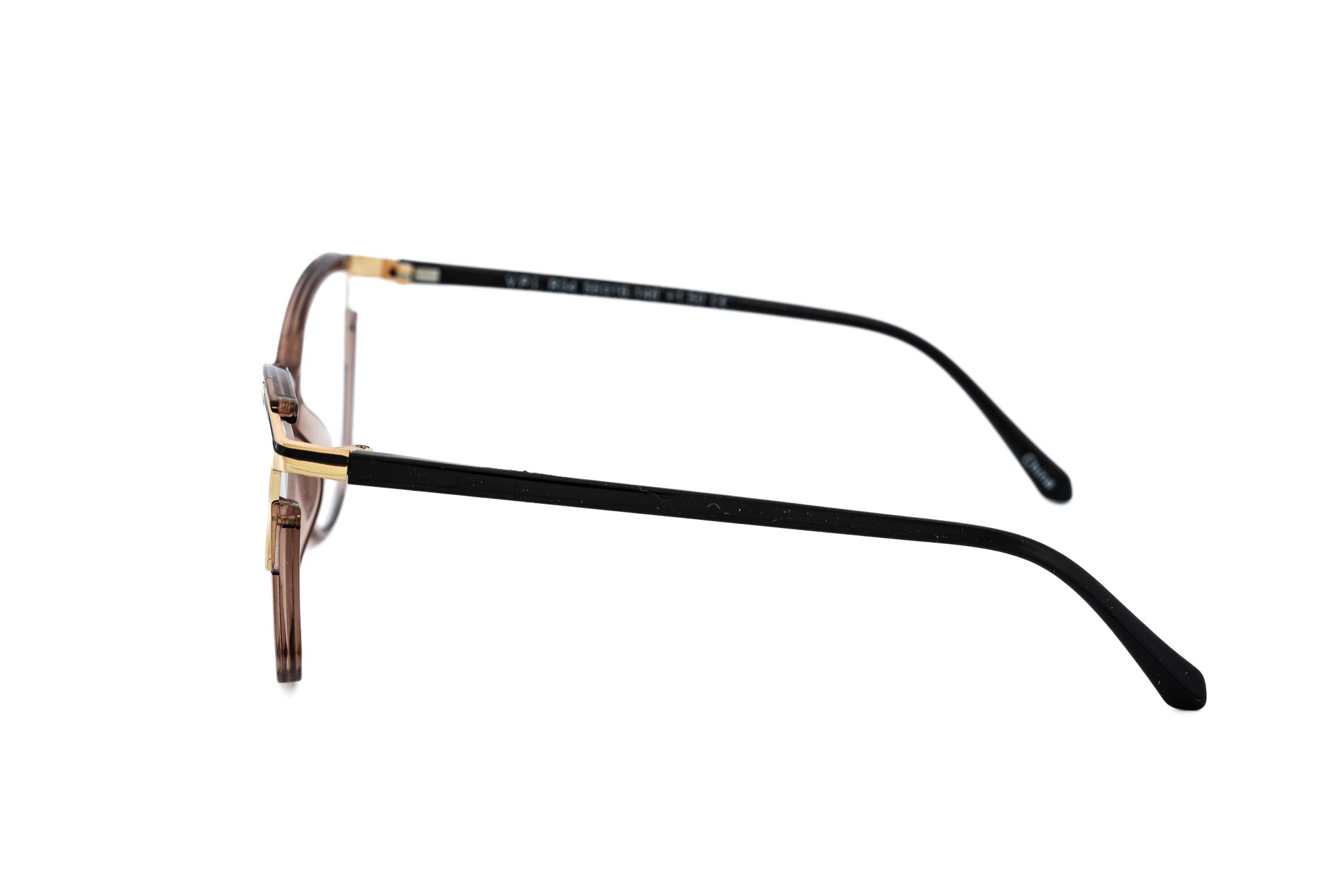 Caelira by Bolero Eyewear light taupe gold reading glasses with feminine cat-eye silhouette side angle view