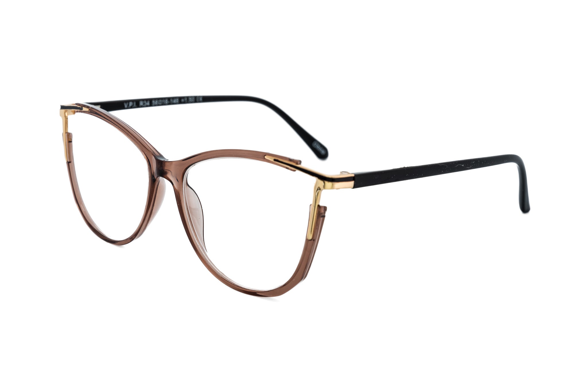 Caelira by Bolero Eyewear light taupe gold reading glasses with feminine cat-eye silhouette
