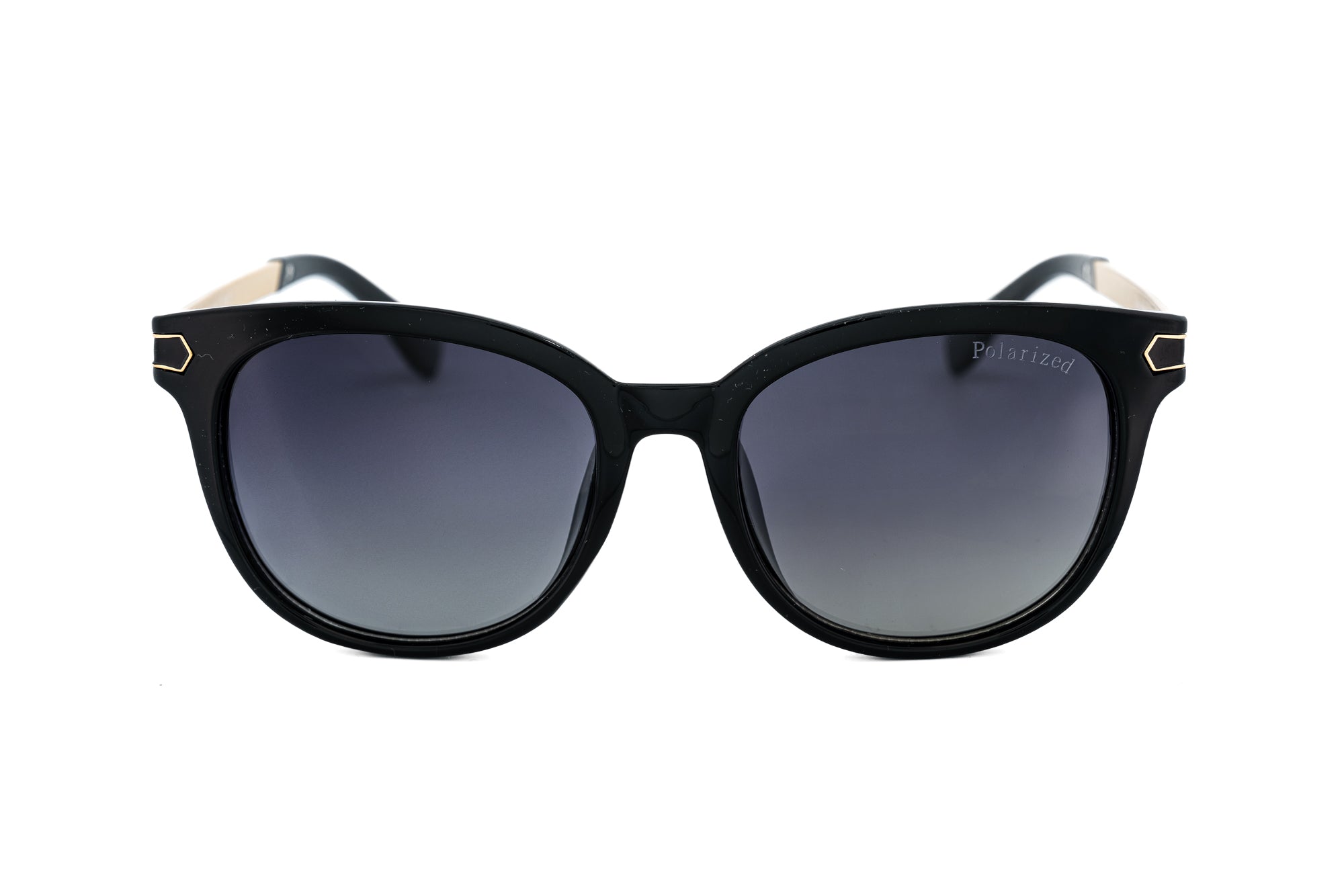 Calista by Bolero Eyewear black polarized sunglasses with gold-accented temples and rounded cat-eye shape front angle view