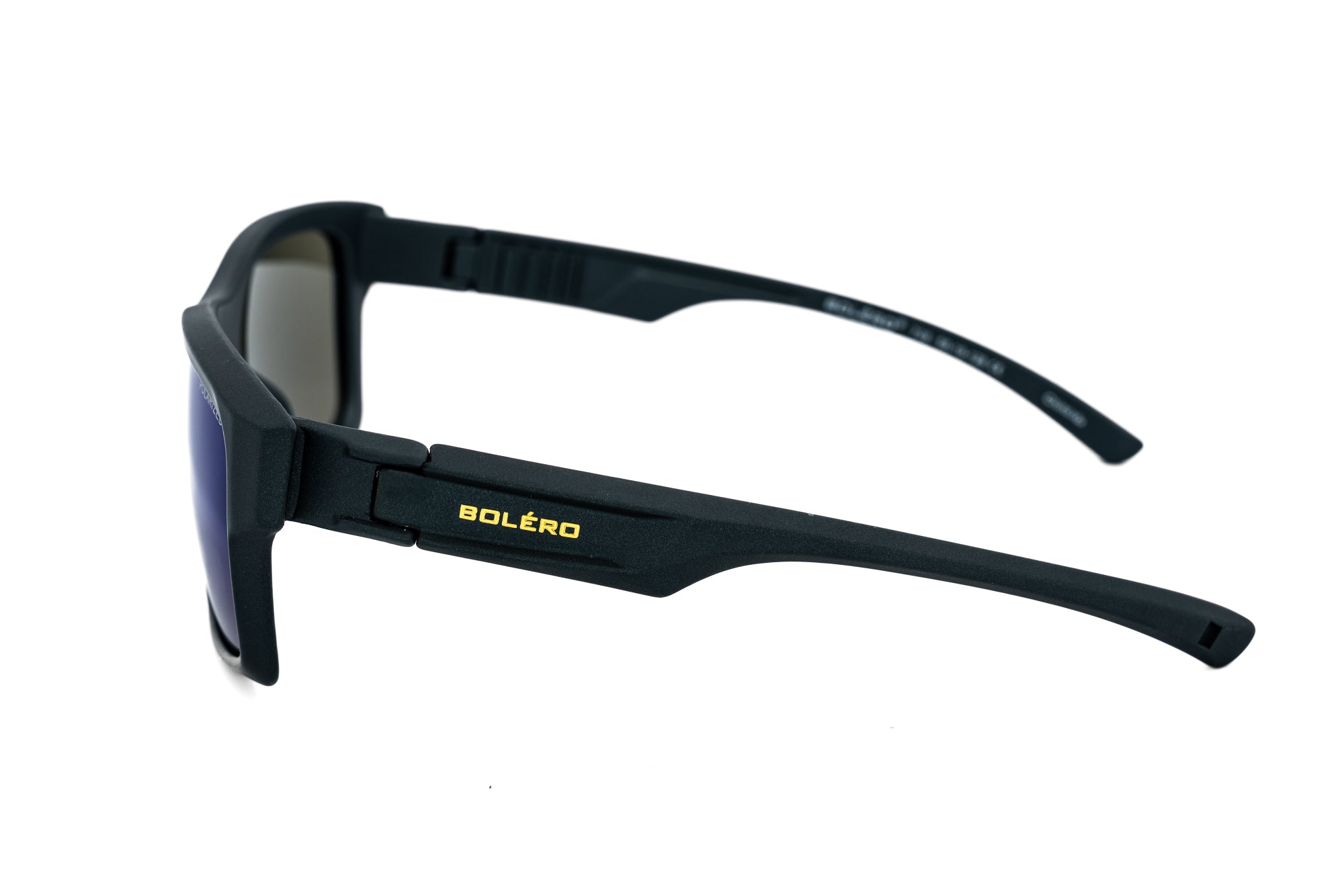 Calvado by Bolero Eyewear black floating sunglasses with polarized blue lenses side angle view