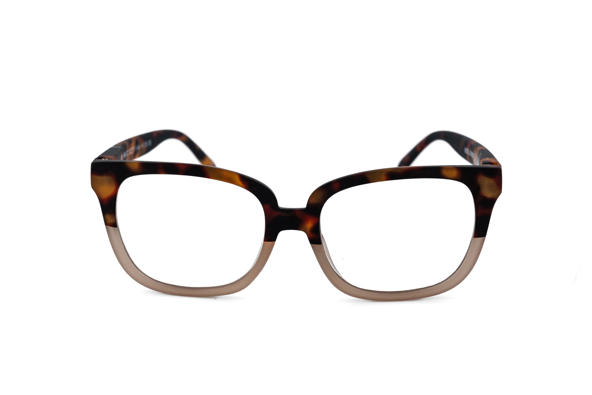 Camille reading glasses in two-tone tortoiseshell and taupe by Bolero Eyewear front angle view