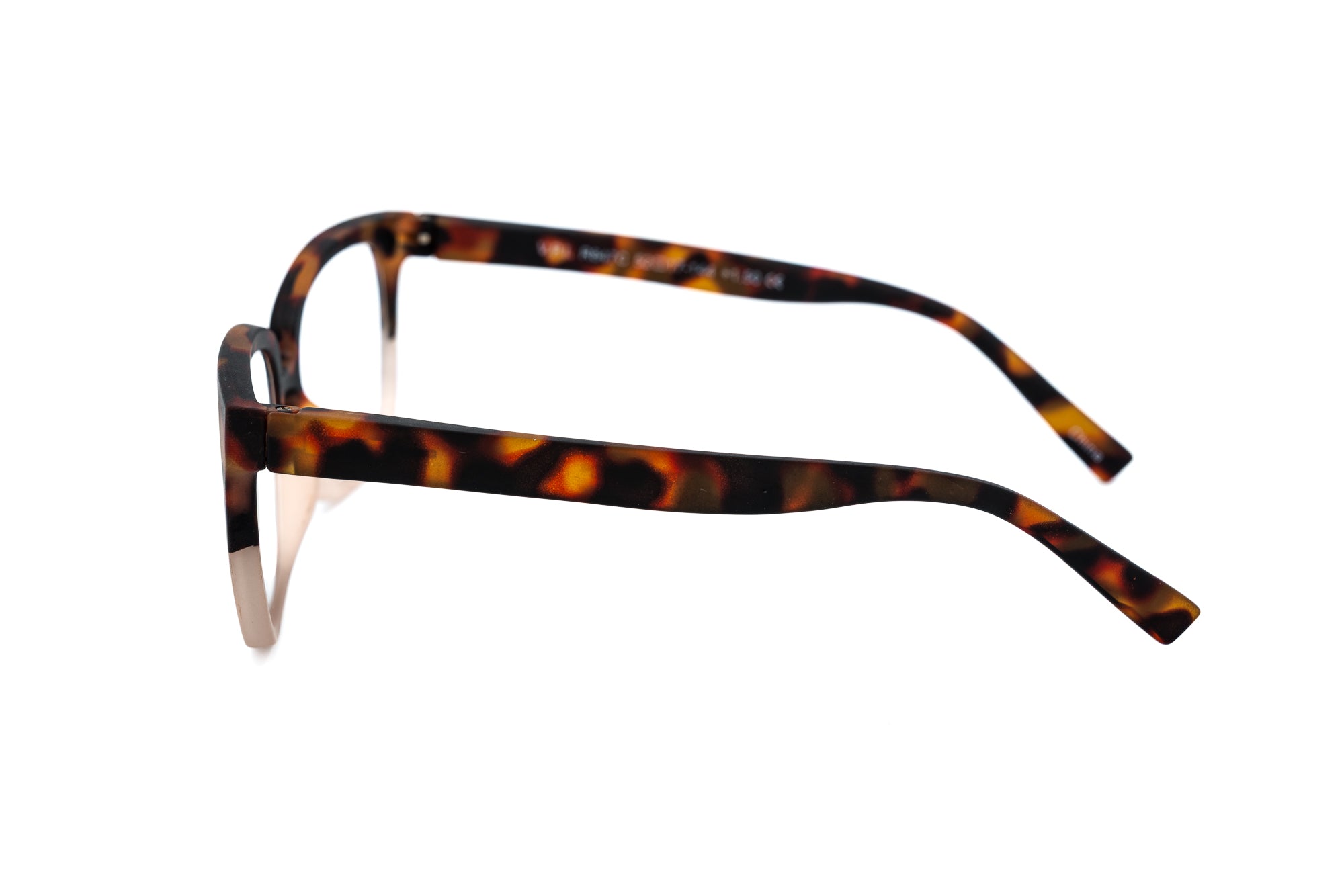 Camille reading glasses in two-tone tortoiseshell and taupe by Bolero Eyewear side angle view