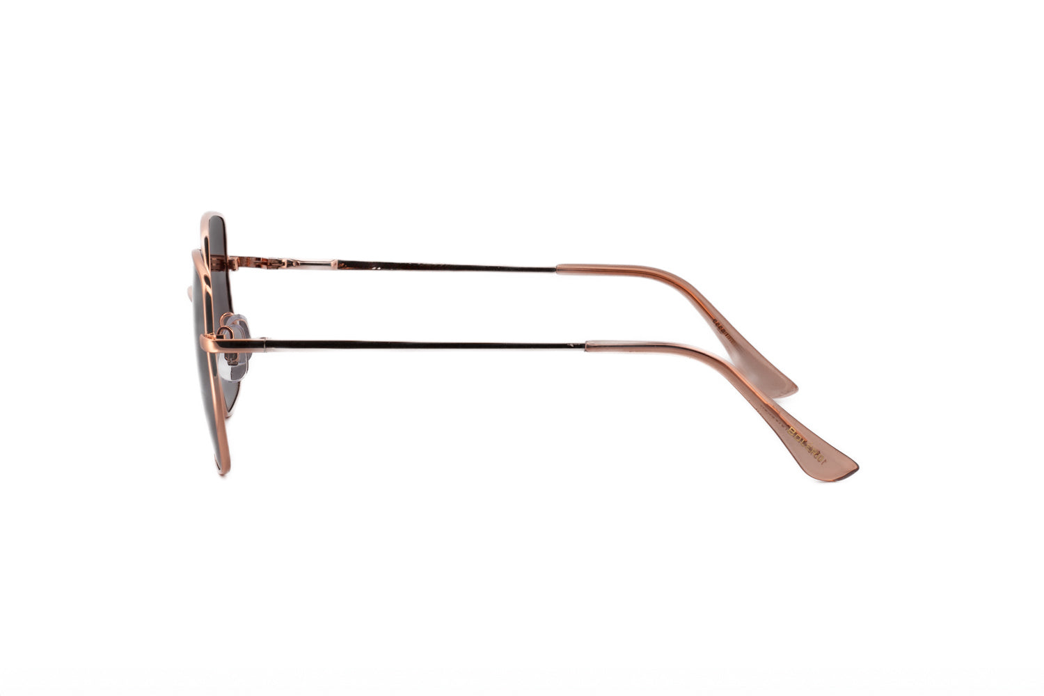 Celesta by Bolero Eyewear rose gold square sunglasses featuring polarized rose gradient lenses side angle view