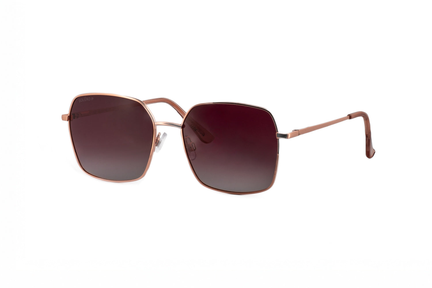 Celesta by Bolero Eyewear rose gold square sunglasses featuring polarized rose gradient lenses