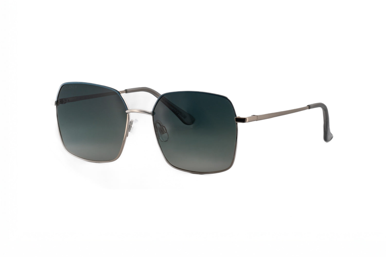 Celesta by Bolero Eyewear silver polarized sunglasses with square metal frame and green gradient UV lenses