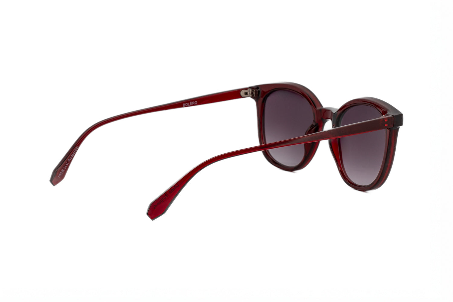 Chasty by Boléro Eyewear burgundy rounded sunglasses with smoke UV lenses quarter-three angle view