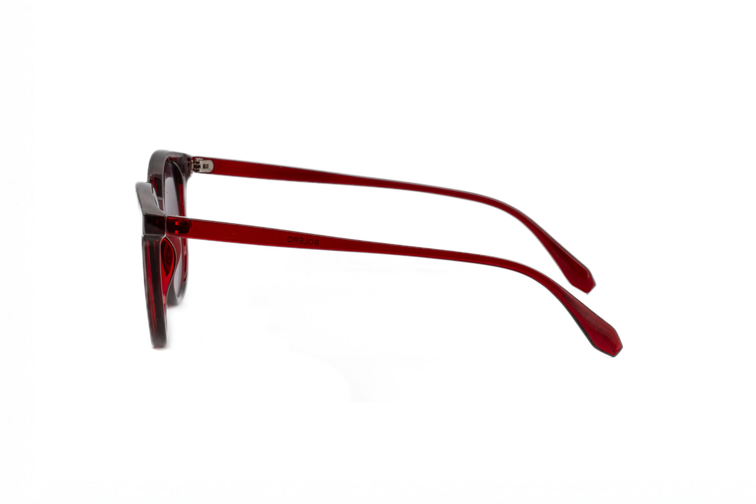 Chasty by Boléro Eyewear burgundy rounded sunglasses with smoke UV lenses side angle view