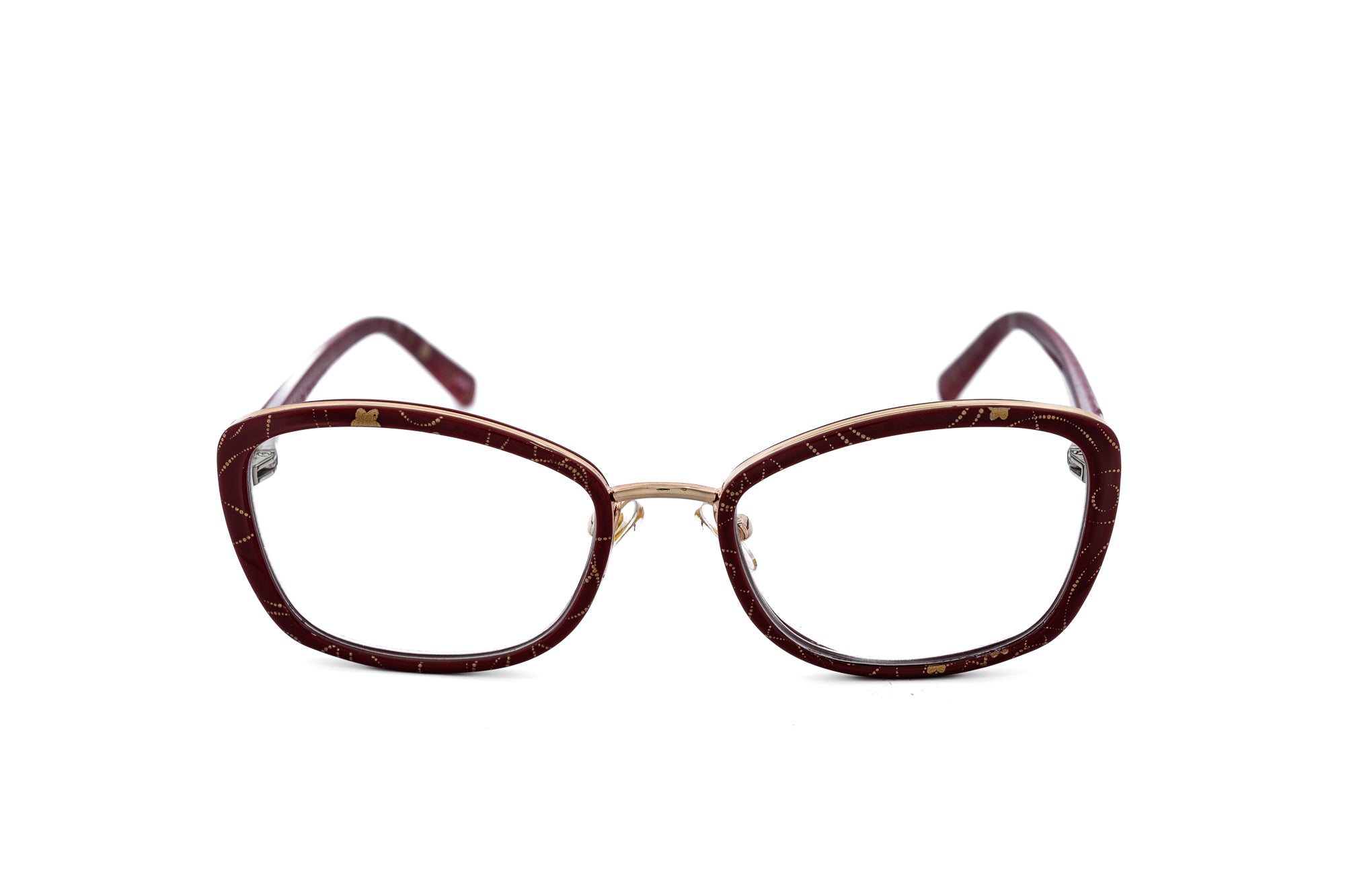 Claret by Bolero Eyewear wine-red reading glasses with gold accents and polycarbonate frame front angle view
