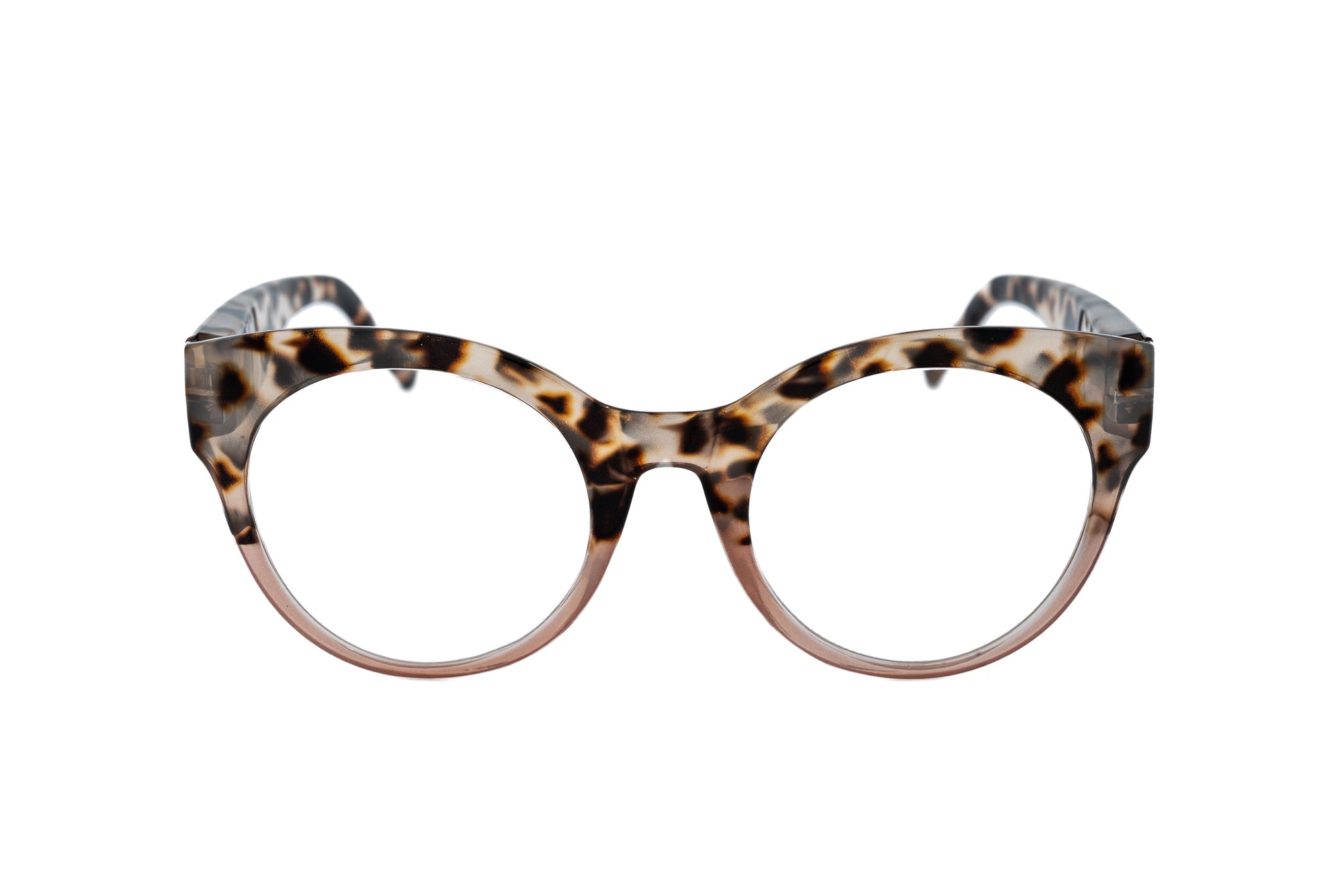 Claudette by Bolero Eyewear oversized round leopard reading glasses with gradient tortoise pattern front angle view