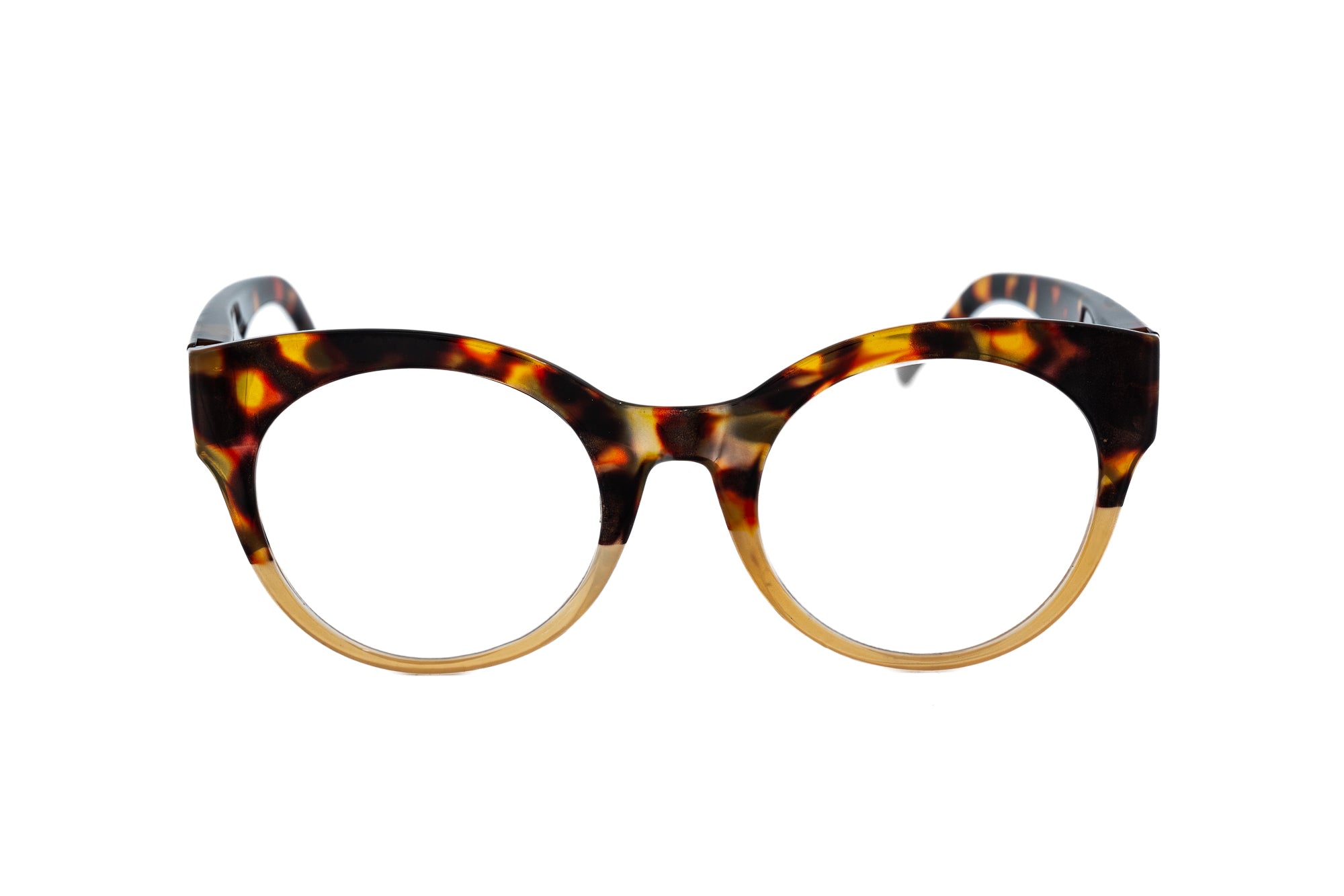 Claudette by Bolero Eyewear reading glasses in tortoise gradient oversize round design front angle view