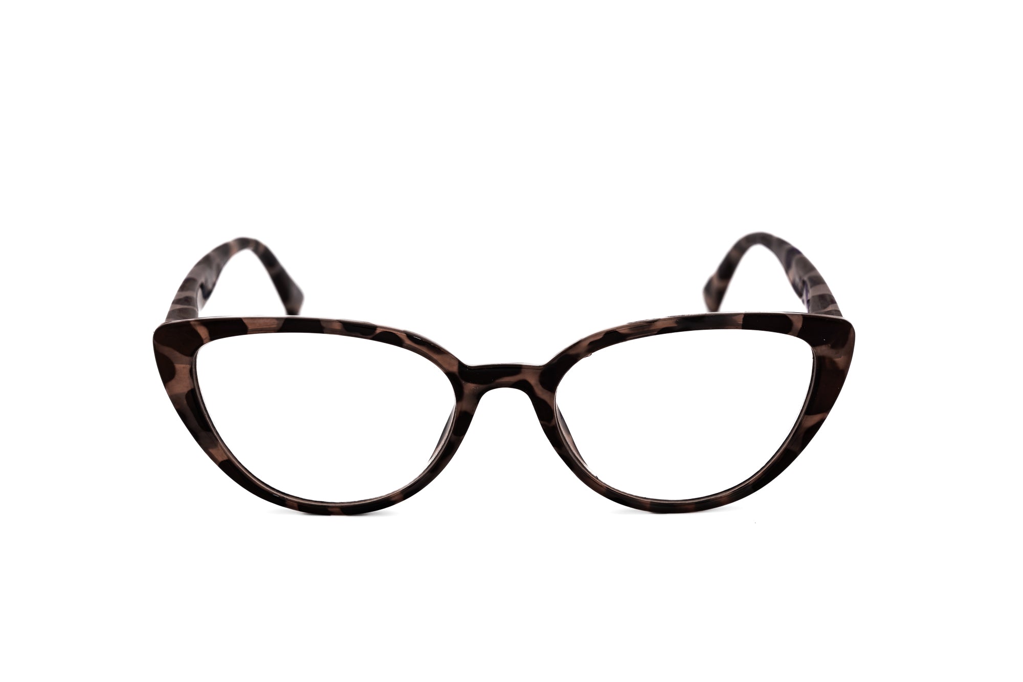 Colette by Bolero Eyewear tortoise purple spot cat-eye reading glasses with lightweight polycarbonate frame front angle view