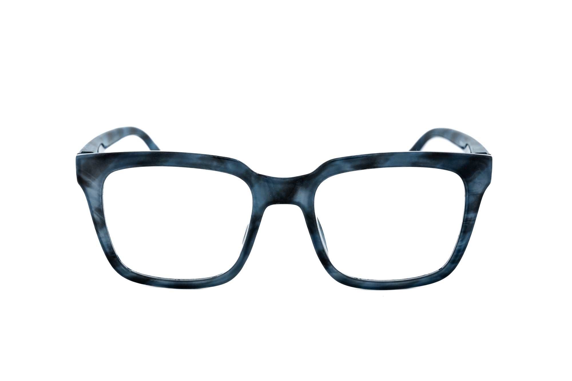 Coralie by Bolero Eyewear blue marble rectangular reading glasses front angle view