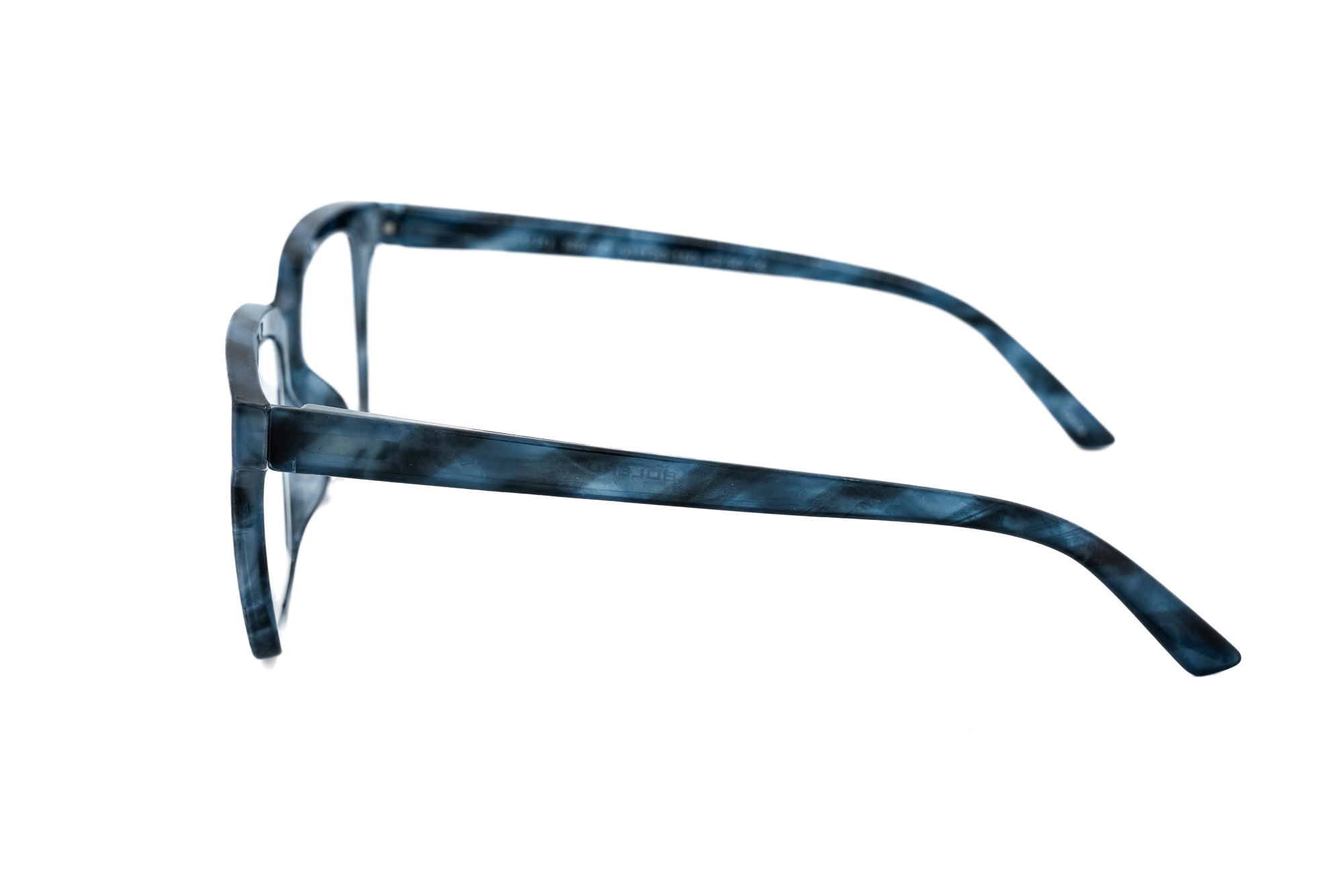 Coralie by Bolero Eyewear blue marble rectangular reading glasses side angle view