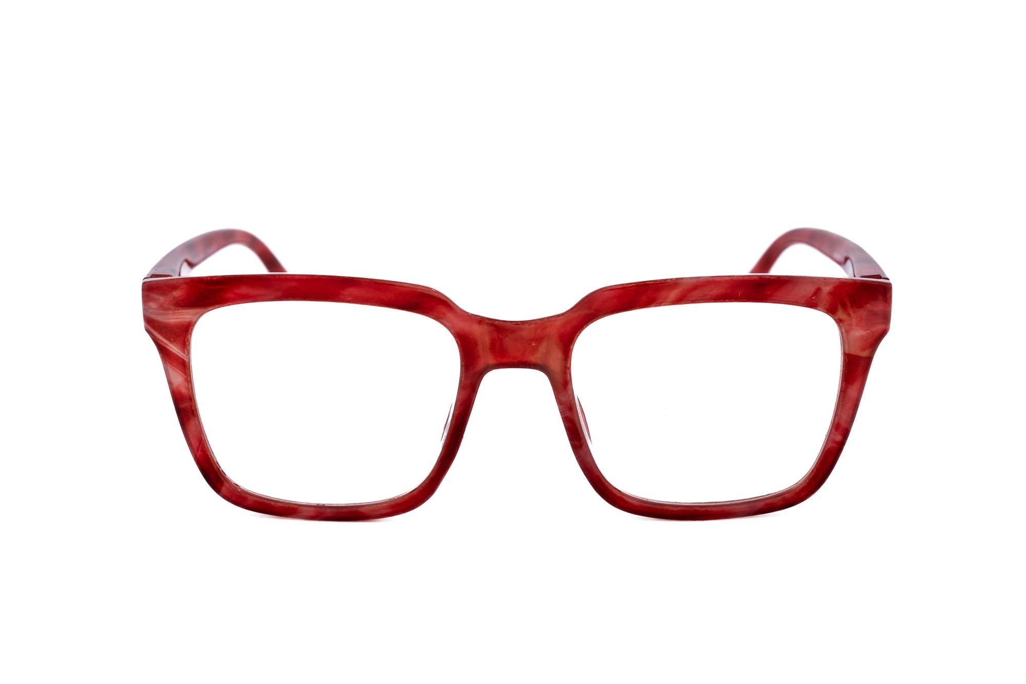 Coralie by Bolero Eyewear marbled rectangular reading glasses in red front angle view