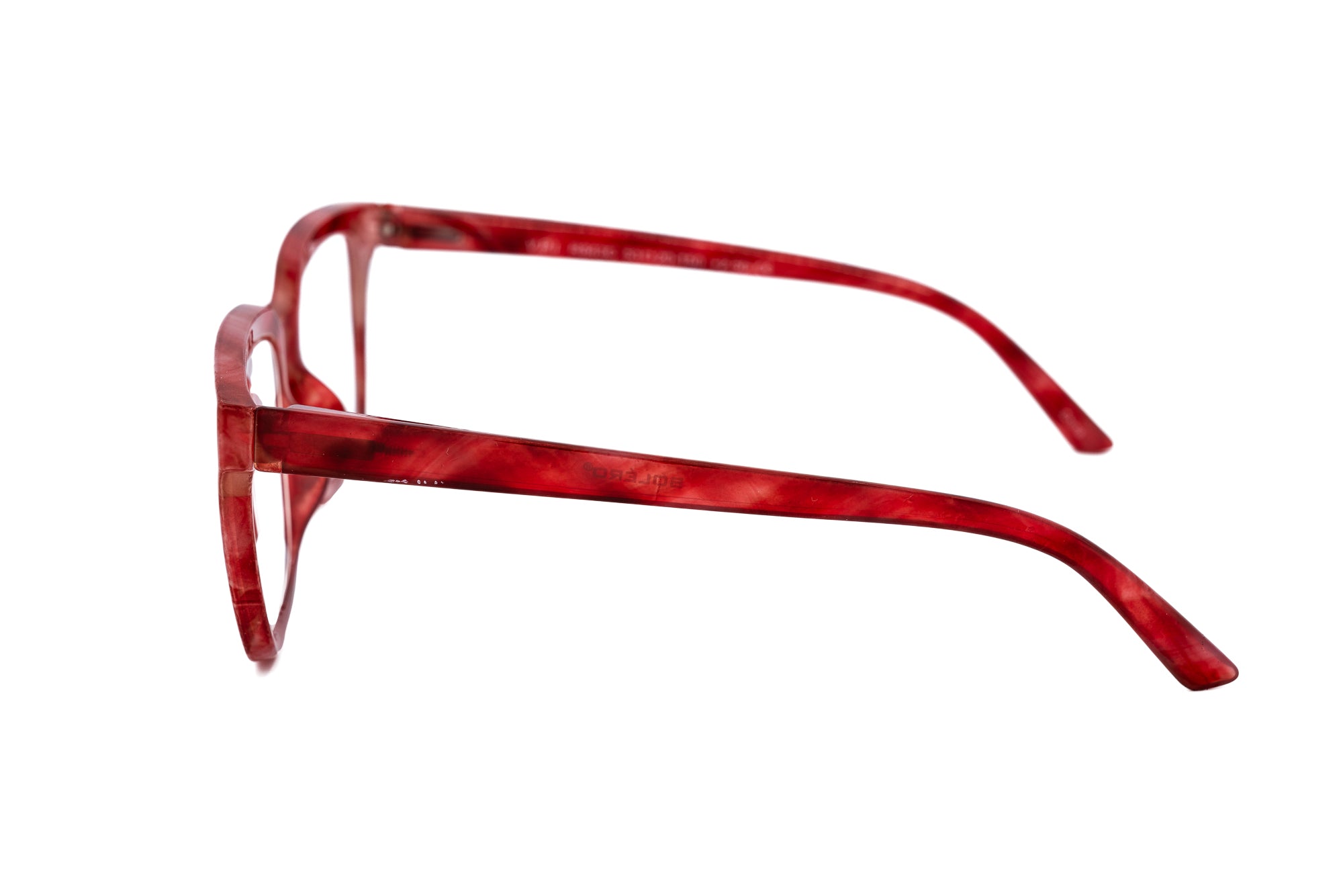 Coralie by Bolero Eyewear marbled rectangular reading glasses in red side angle view