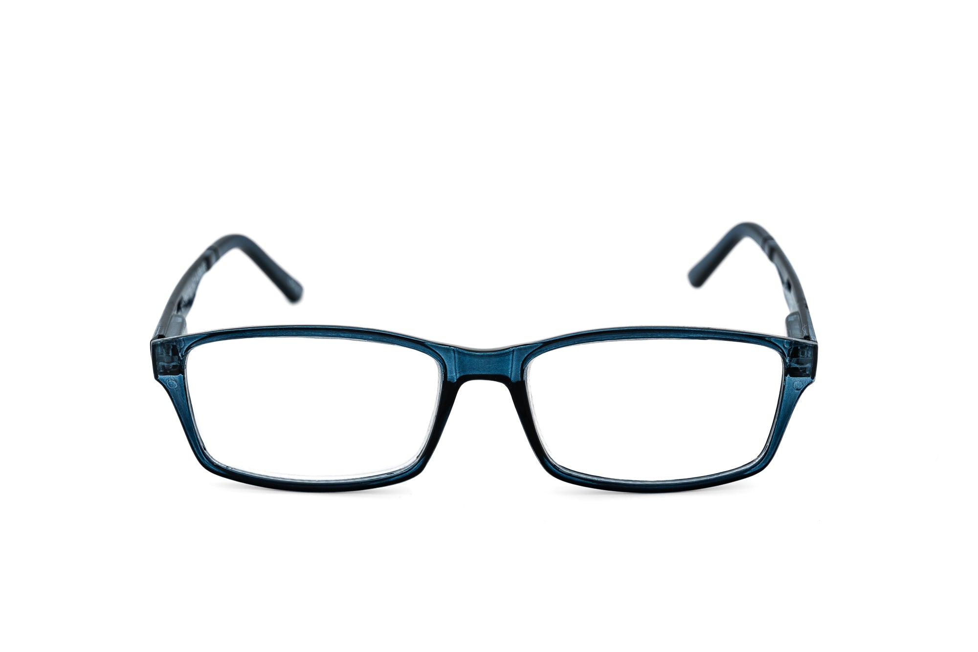 Corwin by Bolero Eyewe rectangular reading glasses with lightweight polycarbonate frame in crystal blue front angle view