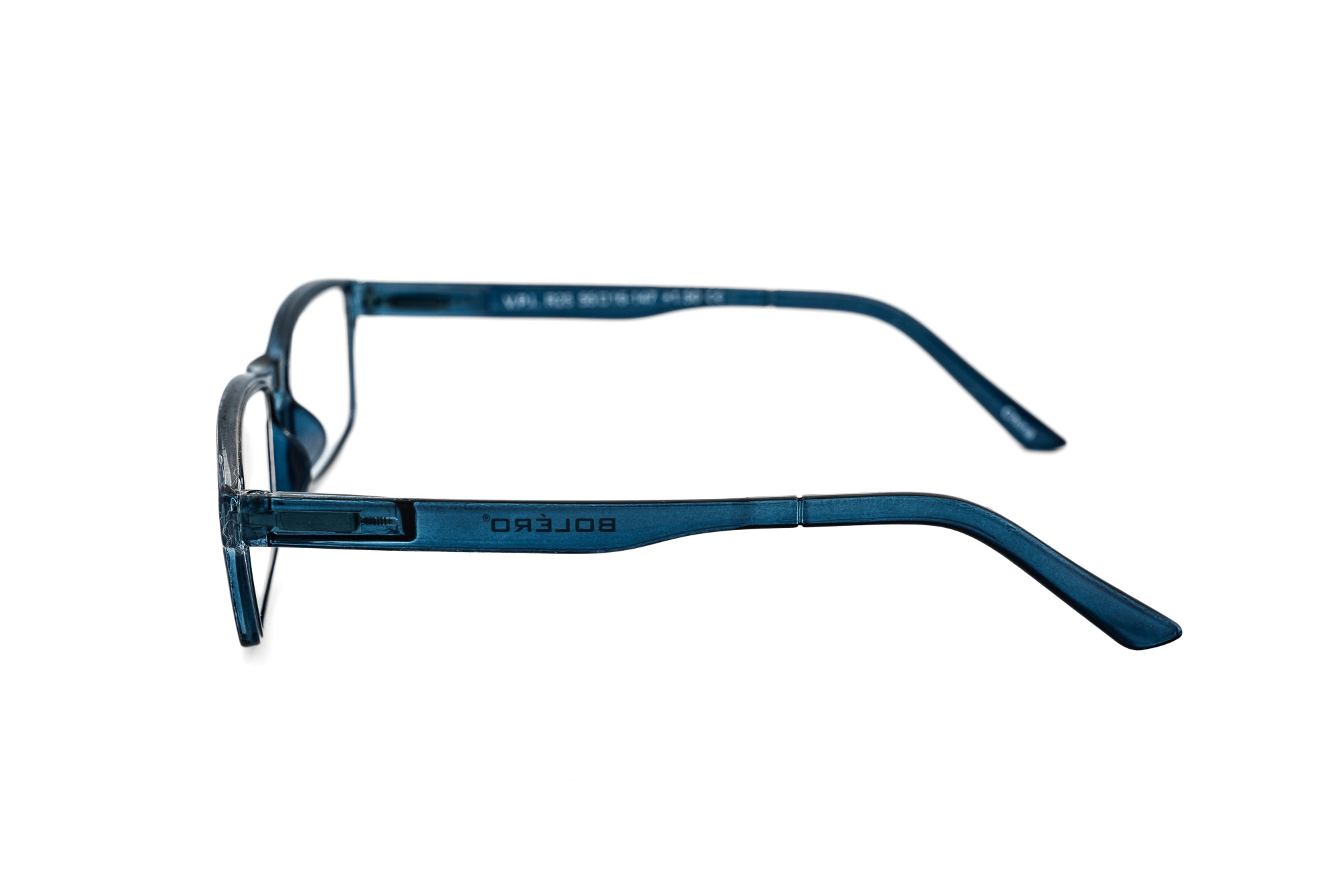 Corwin by Bolero Eyewe rectangular reading glasses with lightweight polycarbonate frame in crystal blue side angle view