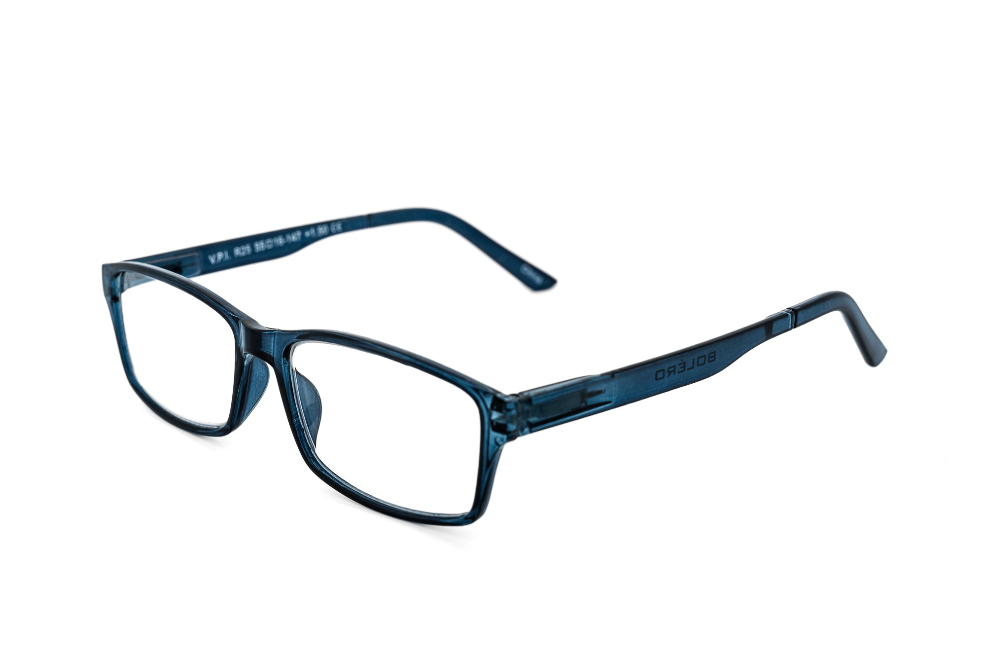 Corwin by Bolero Eyewe rectangular reading glasses with lightweight polycarbonate frame in crystal blue