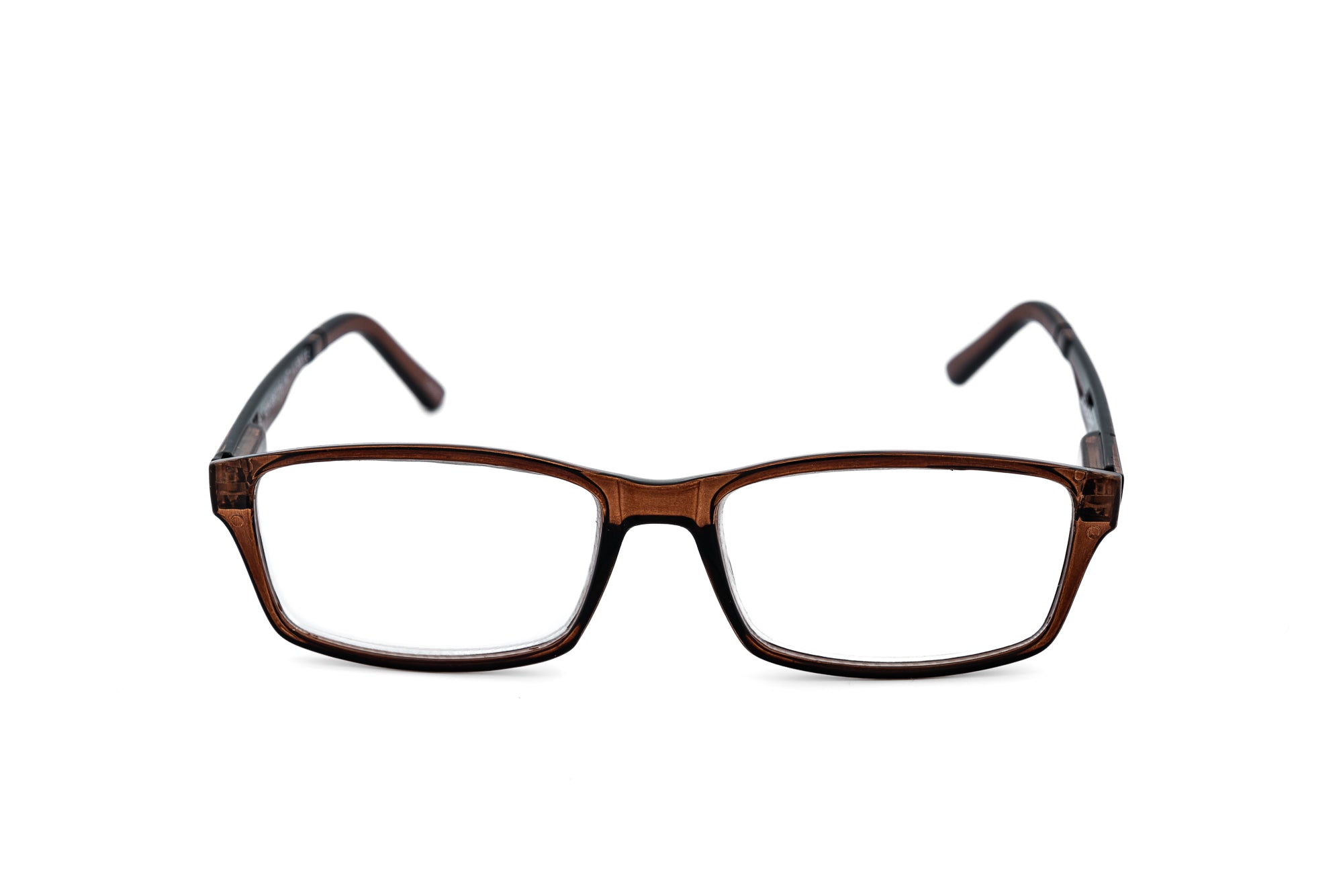 Corwin by Bolero Eyewear men’s rectangular reading glasses in crystal brown front angle view