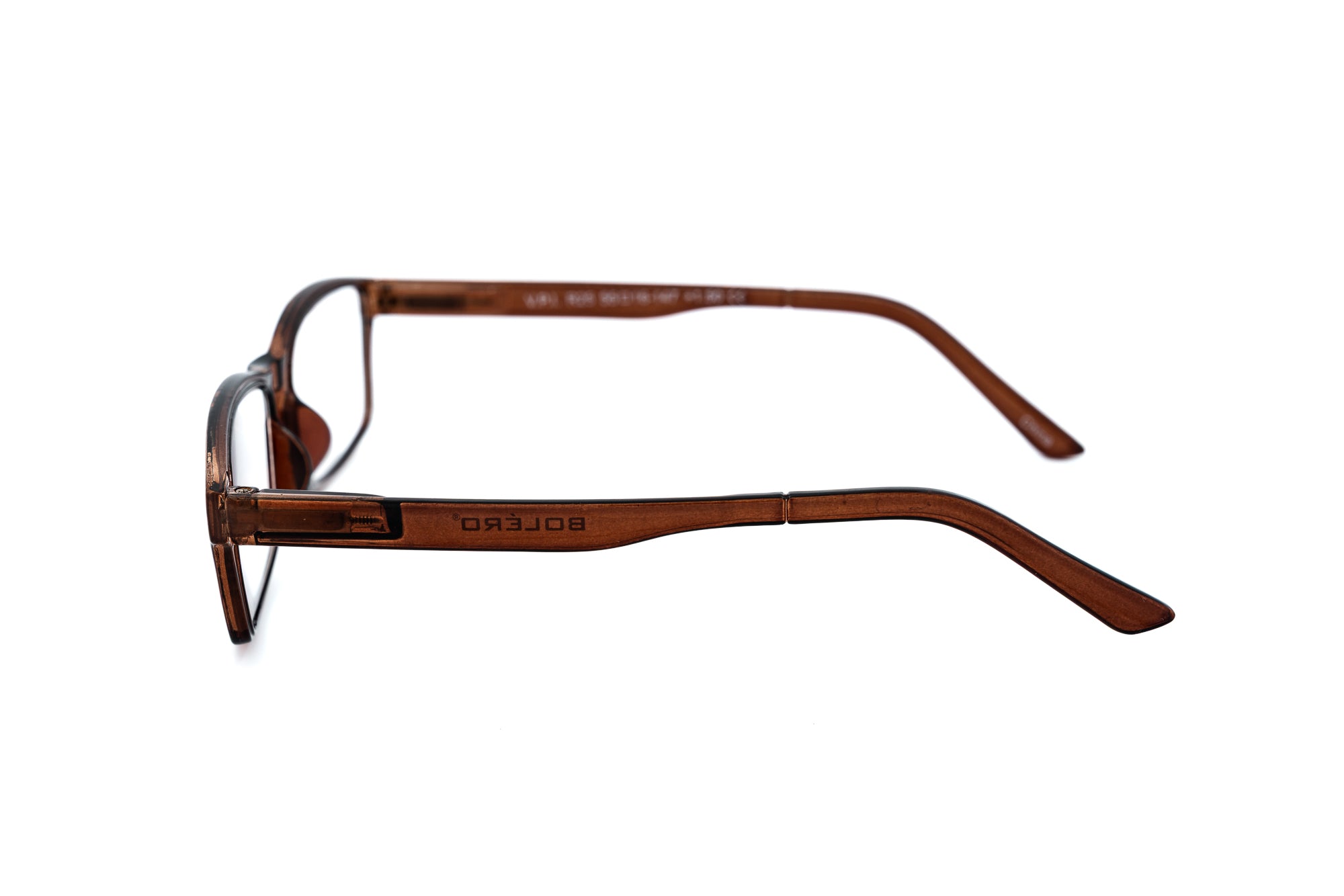 Corwin by Bolero Eyewear men’s rectangular reading glasses in crystal brown side angle view