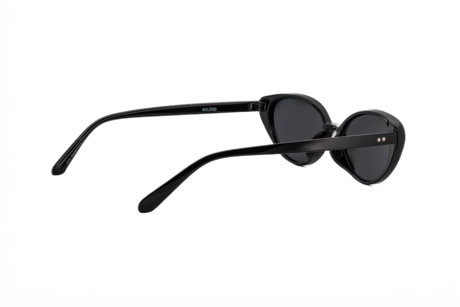 Black Cruz cat-eye sunglasses by Bolero Eyewear with UV-protected smoke lenses rear three-quarter angle view