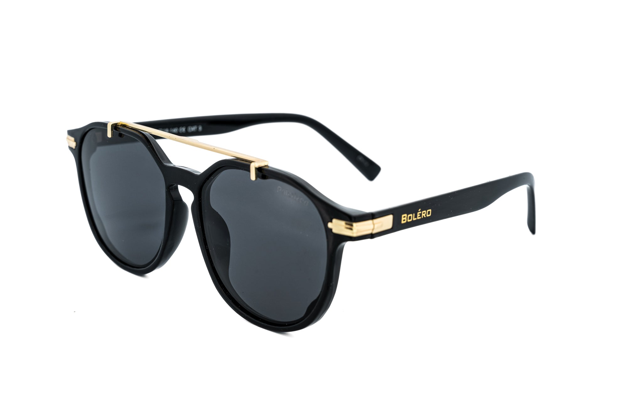Draxler by Bolero Eyewear black sunglasses with gold double-bridge and smoke UV lenses