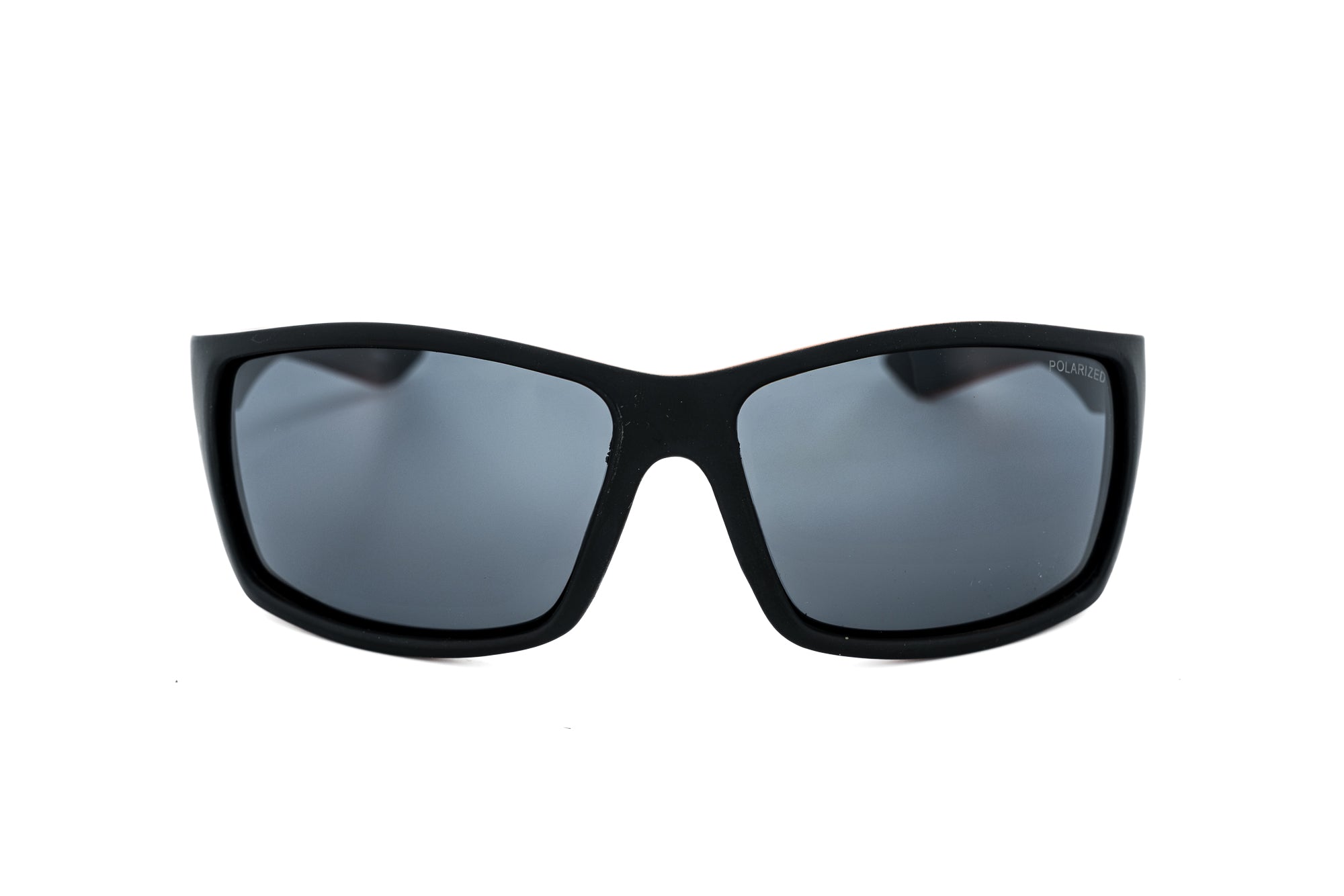 Black sport sunglasses with polarized UV protection and floating polycarbonate frame front angle view