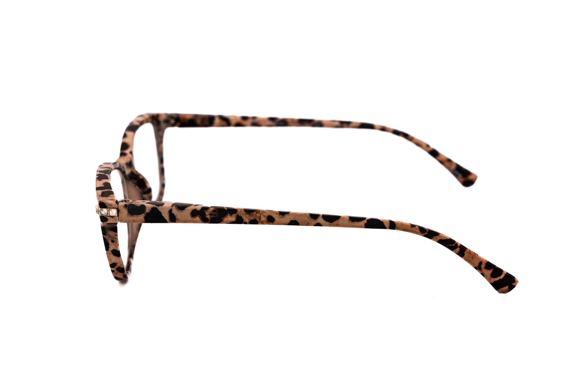 Elanza by Bolero Eyewear leopard cat-eye reading glasses with lightweight polycarbonate frame side angle view